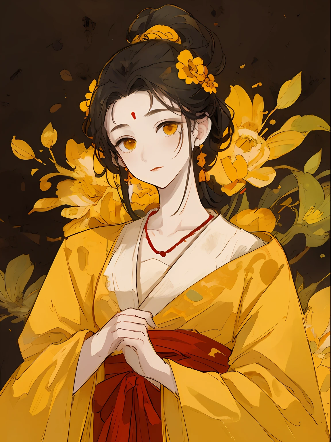 one-girl, Red and yellow ancient Chinese clothing, full bodyesbian, rays of sunshine, Clear face, Clean white background,florals, tmasterpiece, super detailing, Epic composition, hyper HD, high qulity, extremely detaile, offcial art, Uniform 8K wallpaper, super detailing, 32K