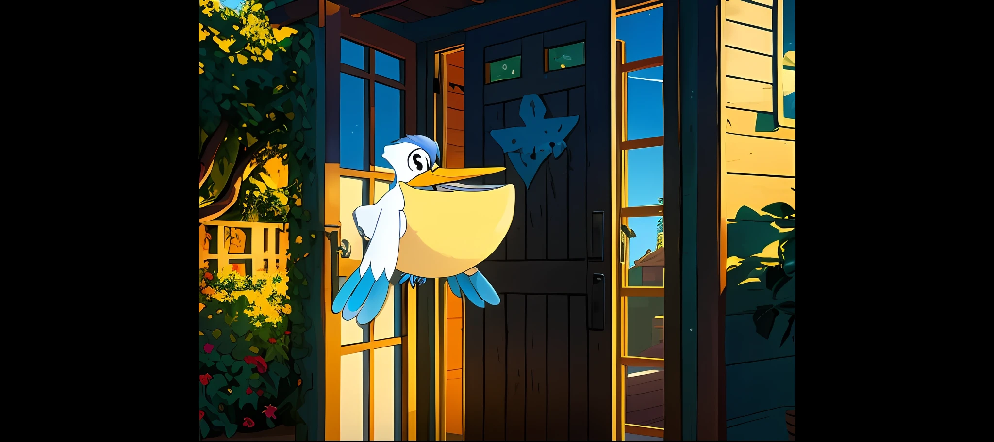 there is a bird that is sitting on the door of a house, style of titmouse animation, animated still, animated movie still, disney 2d animation still, animated film still, animation still, birb, safebooru anime image, loony tunes style, inspired by Victor Noble Rainbird, animation film still, inspired by Tove Jansson