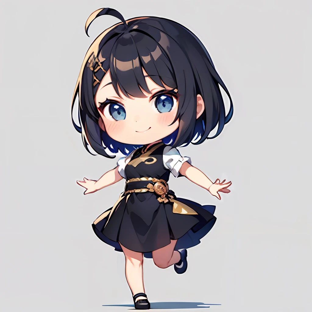 超A high resolution, nffsw, Best aesthetic, Top quality depiction of the foot,I'm surprised with open arms,  Has iridescent hair,　Black hair, Flat Avatar,  Anime visuals of cute girls, Cute art style, Chibi, anime stylized, Shorthair, Ahoge, is shy, A smile, hair adornments, simple background, 耳环, jewely, side locks, large oval eyes,