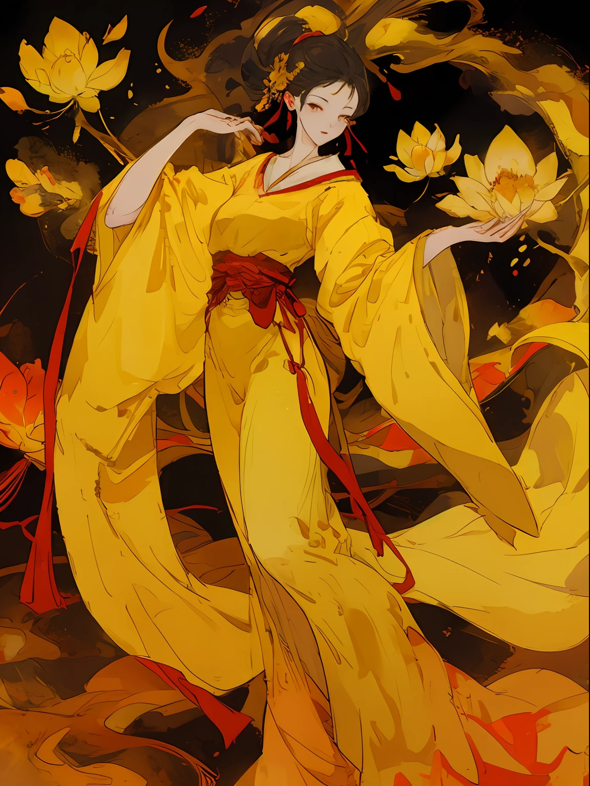 one-girl, Ancient Chinese clothing embroidered in red and yellow, full bodyesbian, rays of sunshine, Clear face, Clean white background,florals, tmasterpiece, super detailing, Epic composition, hyper HD, high qulity, extremely detaile, offcial art, Uniform 8K wallpaper, super detailing, 32K