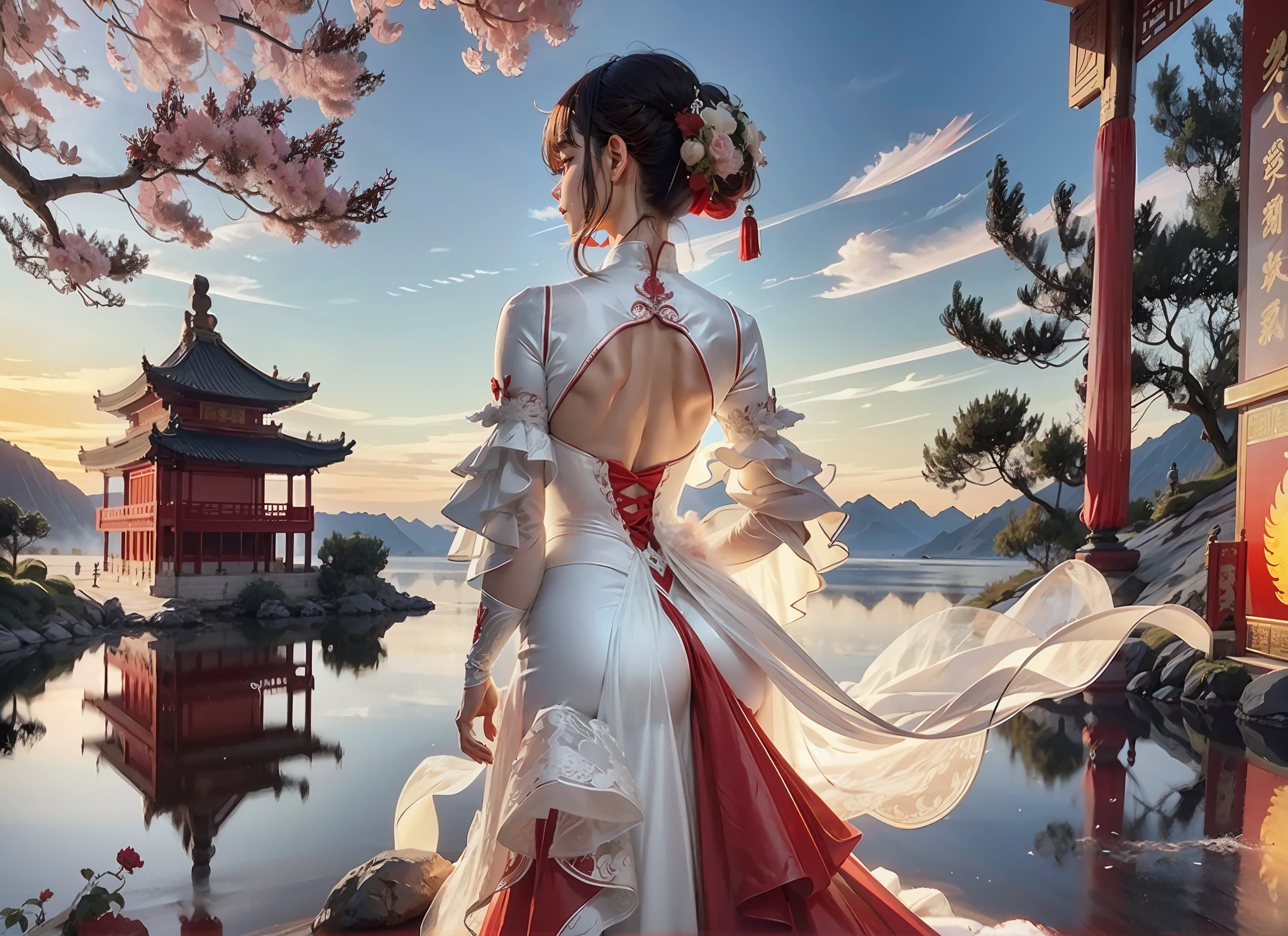 tmasterpiece，China-style，Best picture quality；Immortal CG，Extremely fine，8k wallpaper level；Romantic aesthetics，Ultimate purity，Floating screen；A bride with her full back to the camera，Dressed in gorgeous wedding dresses，Wear a red hood，Standing in the picturesque red sea on the other side；The sky is covered with red light，It's like a sea of fire，Suffocating。