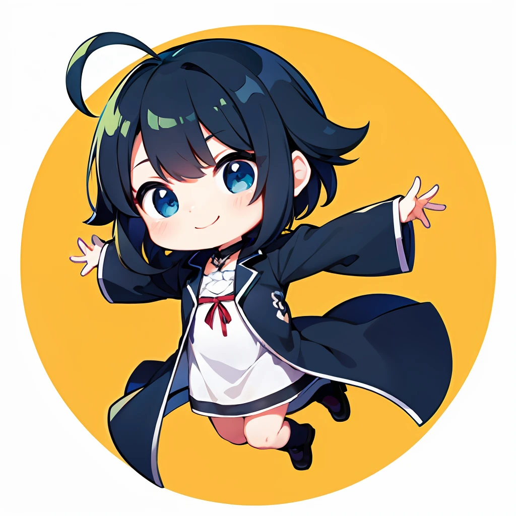 超A high resolution, nffsw, Best aesthetic, Top quality depiction of the foot,I'm surprised with open arms,  Has iridescent hair,　Black hair, Flat Avatar,  Anime visuals of cute girls, Cute art style, Chibi, anime stylized, Shorthair, Ahoge, is shy, A smile, hair adornments, simple background, 耳环, jewely, side locks, large oval eyes,