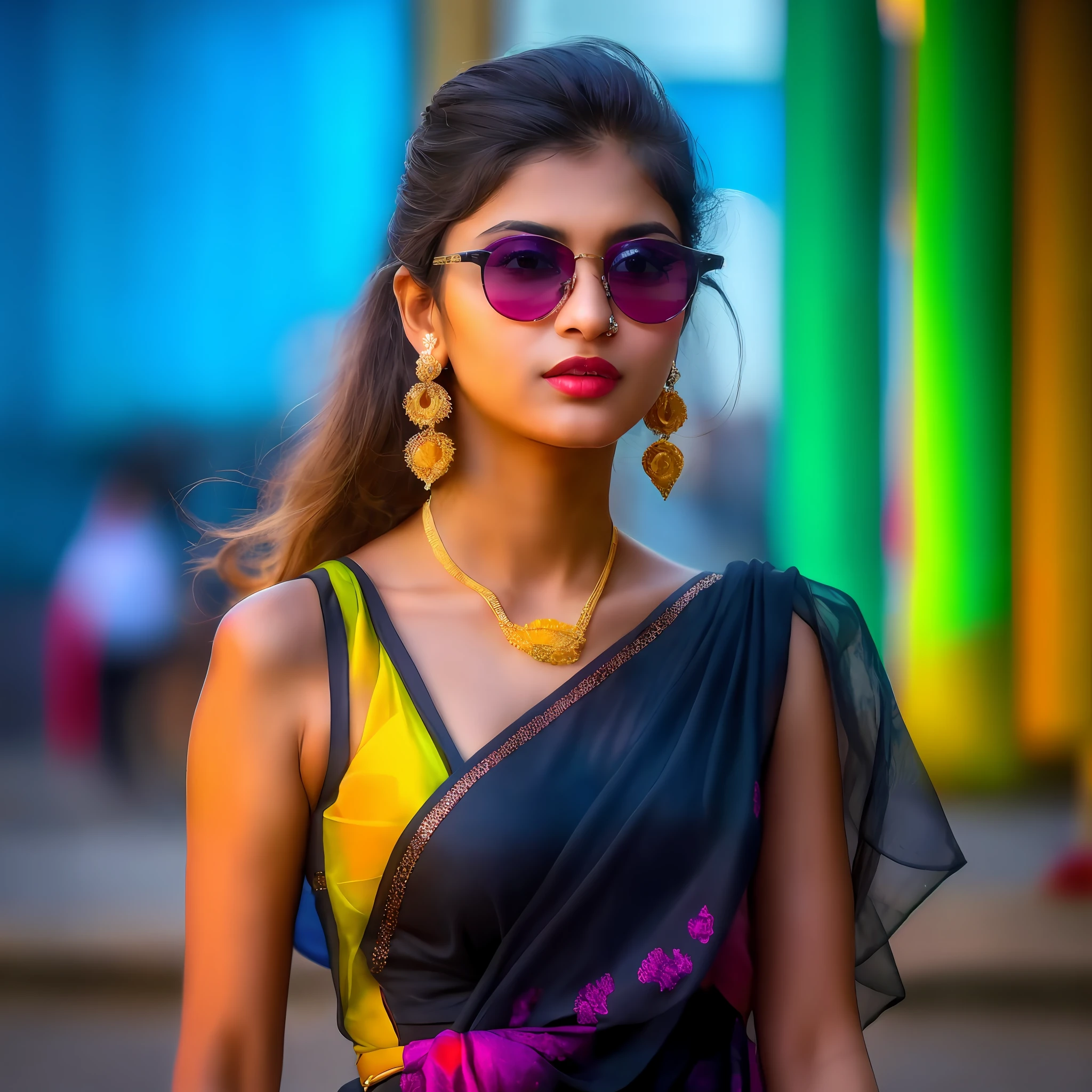 arafed woman in a sari and sunglasses standing on a street, innocent look. rich vivid colors, with beautiful colors, indian girl with brown skin, dressed in colorful silk, indian super model, beautiful model girl, beautiful model, attractive girl, fashion model, fashion model photography, beautiful girl model, colorful photo, colorful contrast, * colour splash *