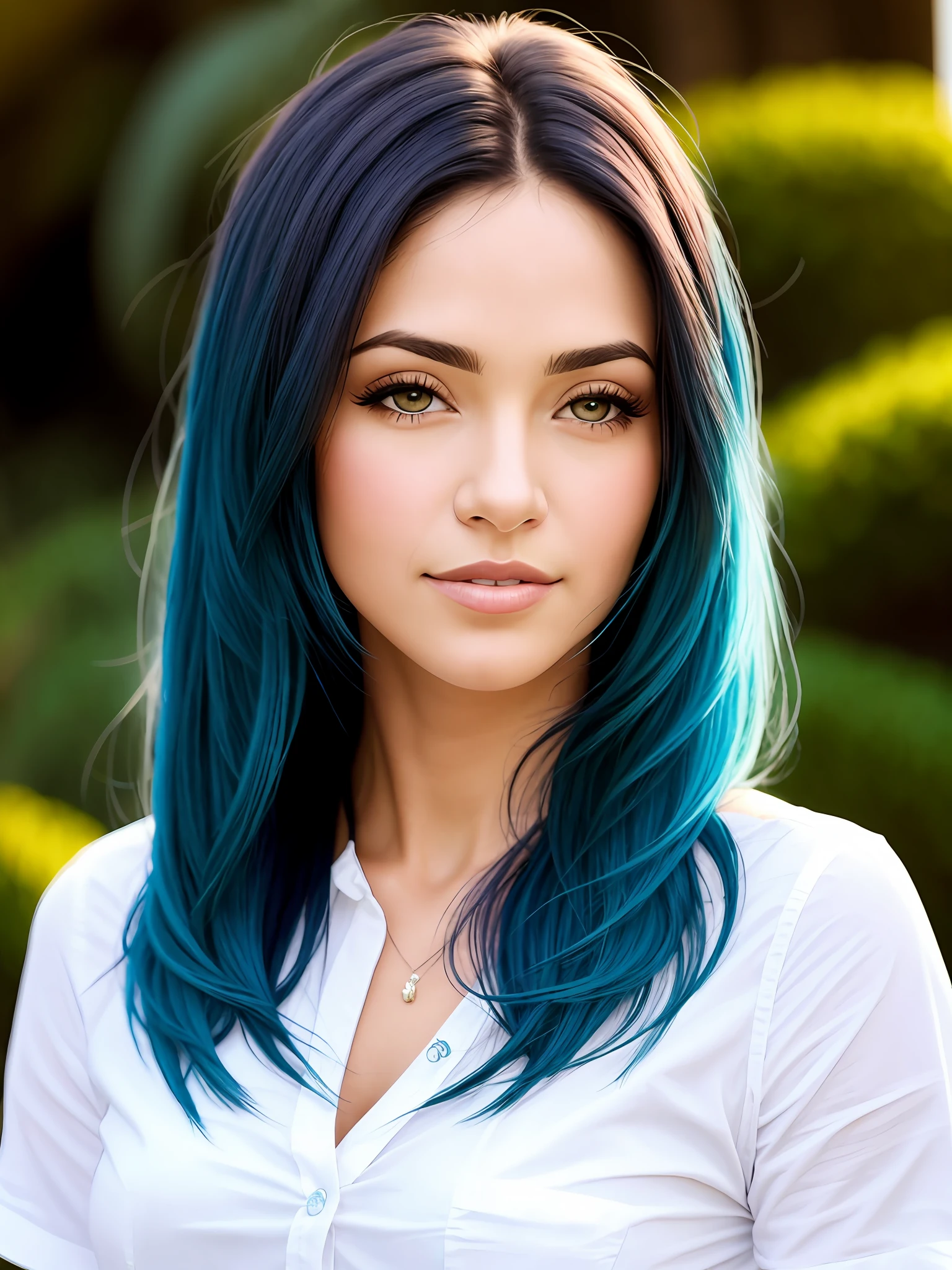 Uma bela mulher cabelo azul, realista, detalhado, olhos azuis, delicada, fine strokes, cabelos ao ventos, linda, pele branca, detalhe no cabelo