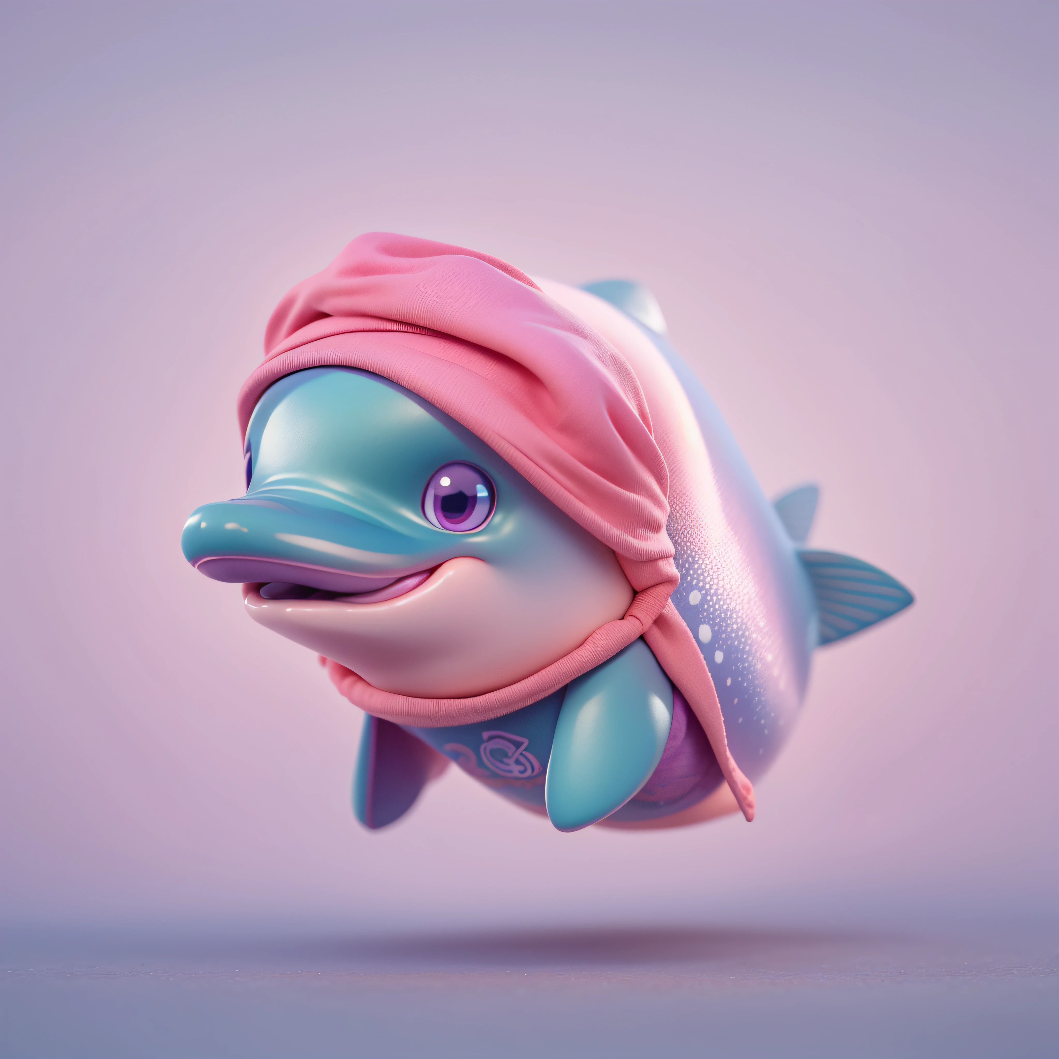 highly detailed 3D render cute pink dolphin with a bandana in the head, kids cartoon style, high detailed textures, soft smooth textures, violet sea coral color gradient in background.