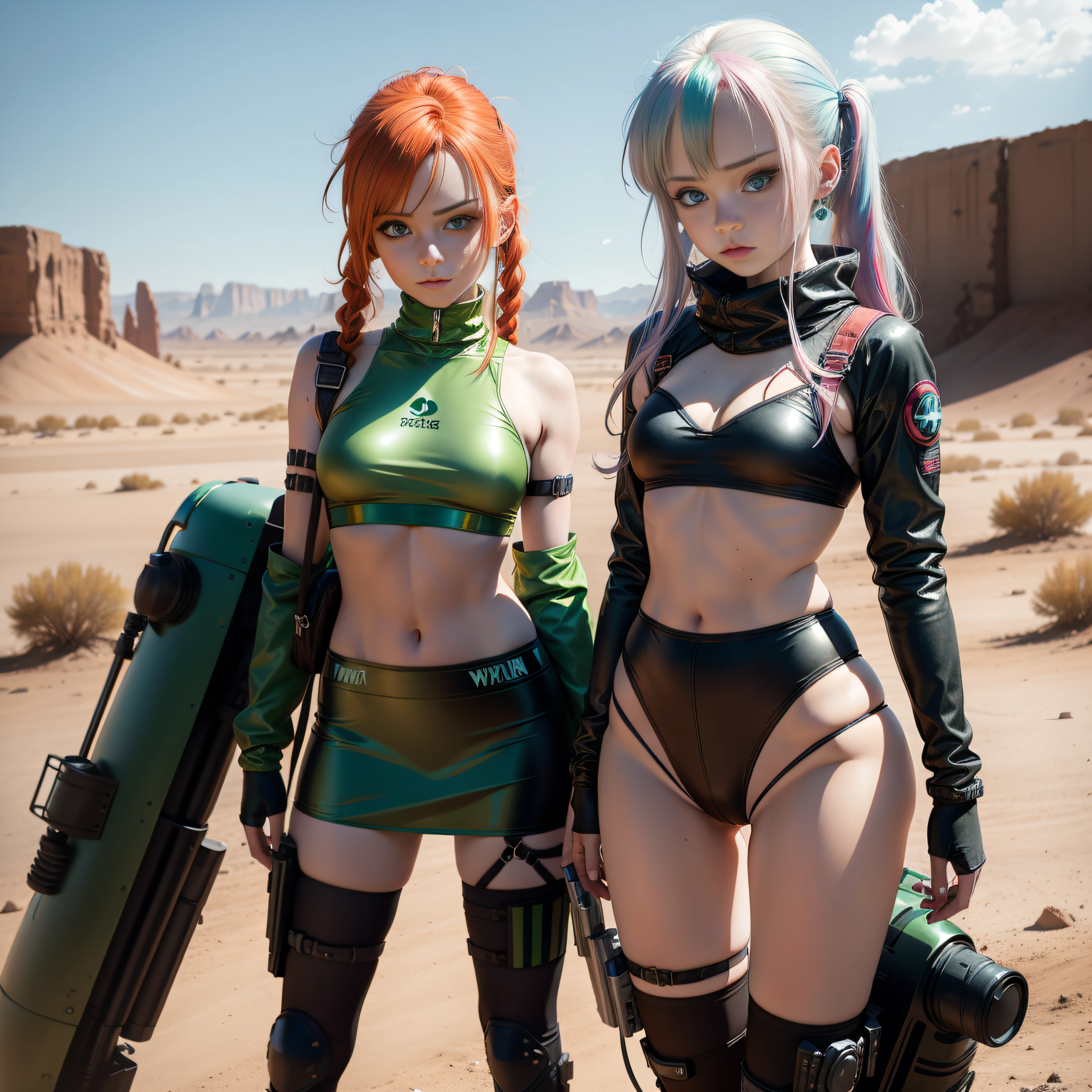 cute redhead woman in twin tails, multiple rainbow colored hair, sky-blue eyes, happy, Ukrainian, ite, pale skin, wearing a green metallic color bikini, but black pantyhose on her legs only, post apocalyptic background, bleak barren desert, photo realistic woman, only one woman.