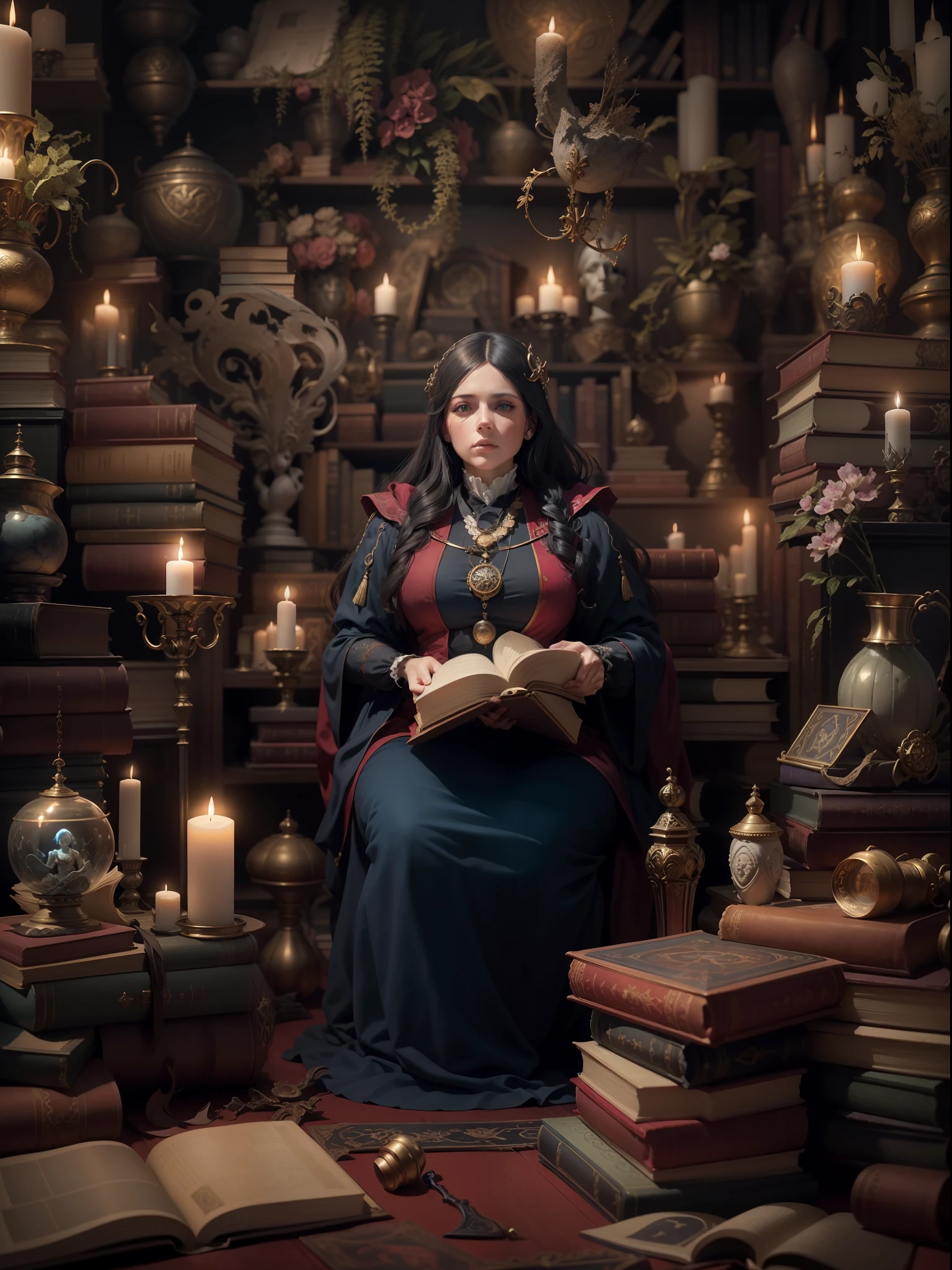 Crie uma ((artistic)) imagem de uma ((fantastical)) nineteenth-century mystic and occultist surrounded by esoteric books and symbols. Madame Blavatsky. Anatomia perfeita. 40 anos. The image must be in a configuration ((fantasia)) com ((High Artistic Colors)). The camera must be configured as a ((medium shot)) com uma lente que capture a personagem e os arredores. The lighting should be ((Luz Natural)), com ((Velas)) iluminando a personagem e os arredores. Mysterious and magical environment. A imagem deve ter ((Amazing details)) e um ((surreal)) Estilo. The resolution should be ((4k)) com ((HDR)) The lighting.