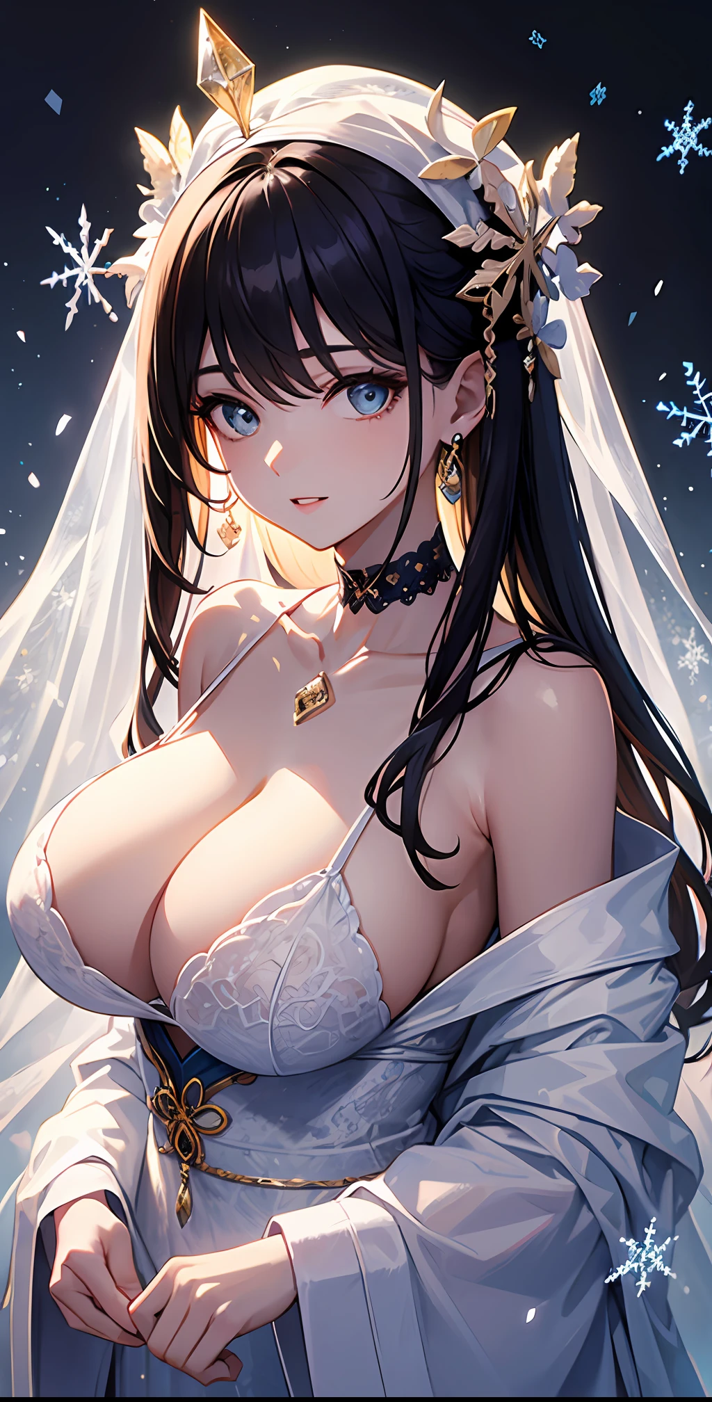 best qualityer,tmasterpiece,A high resolution,Transparent lace porcelain dress,Cotton robe,hair adornments,ssmile,Keep one's mouth shut,cparted lips,shift dresses,hair adornments,choker necklace,jewely,Hanfu,long whitr hair,耳Nipple Ring,exquisite and beautiful eyes,Delicate lashes, beautiful face, human's body, 真实感, 8k ,high qulity, Volumetriclighting, sneak shot, photore, A high resolution, 4k, 8k ,Transformed in the garden, Falling snowflakes, Winters, Skin super detailed,huge tit,cleavage,White glowing of the skin,Reflective,refracted light