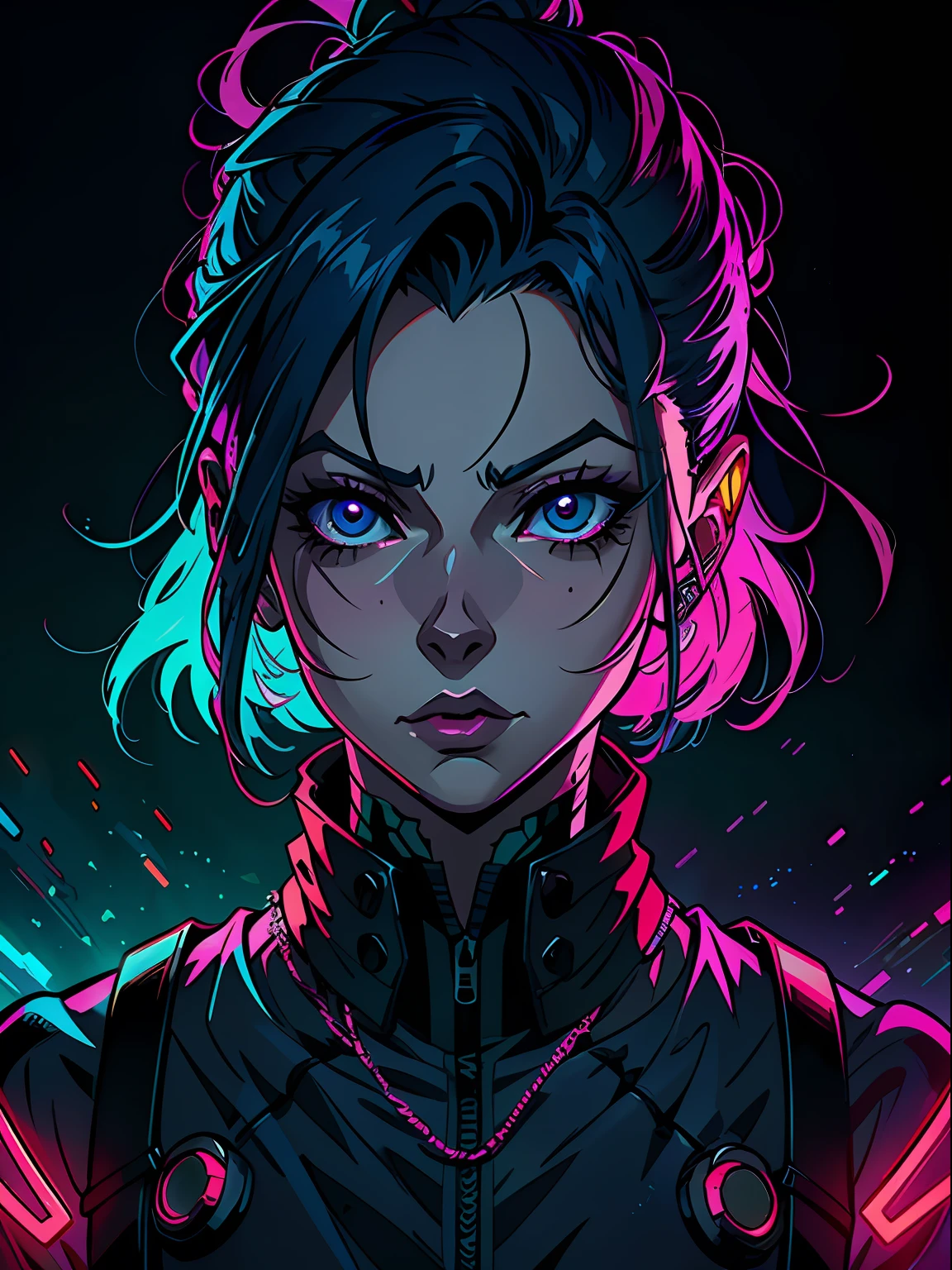 uma pintura digital da Re-l Mayer, References to anime ergo proxy, synthwave, neon, neon brilhante,
