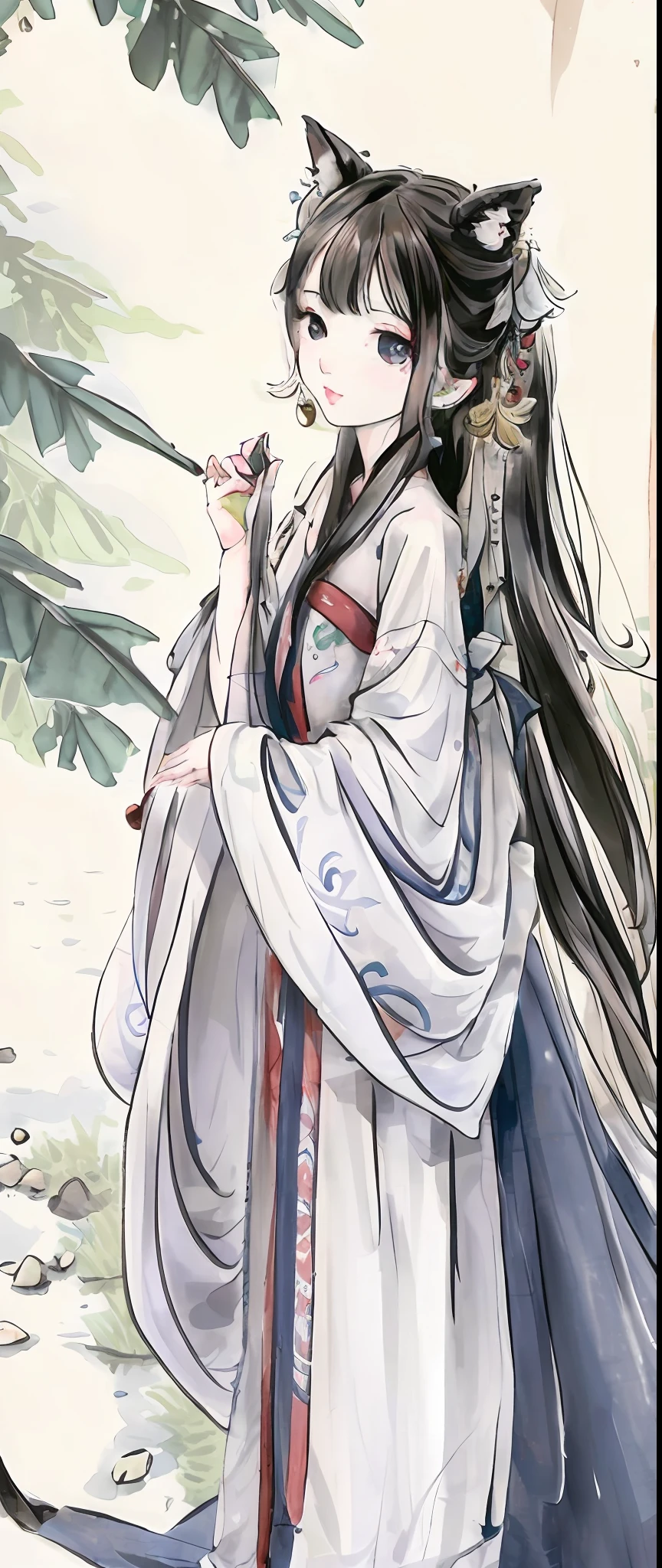 ((4k,masterpiece,best quality)), shuimobysim, Chinese painting, lotus, hanfu, maxiskit, dressed conservative 1 girl, solo, white hair, long hair, fox ears, white, bikini, fish, many fish close to the girl, looking at the audience, teasing