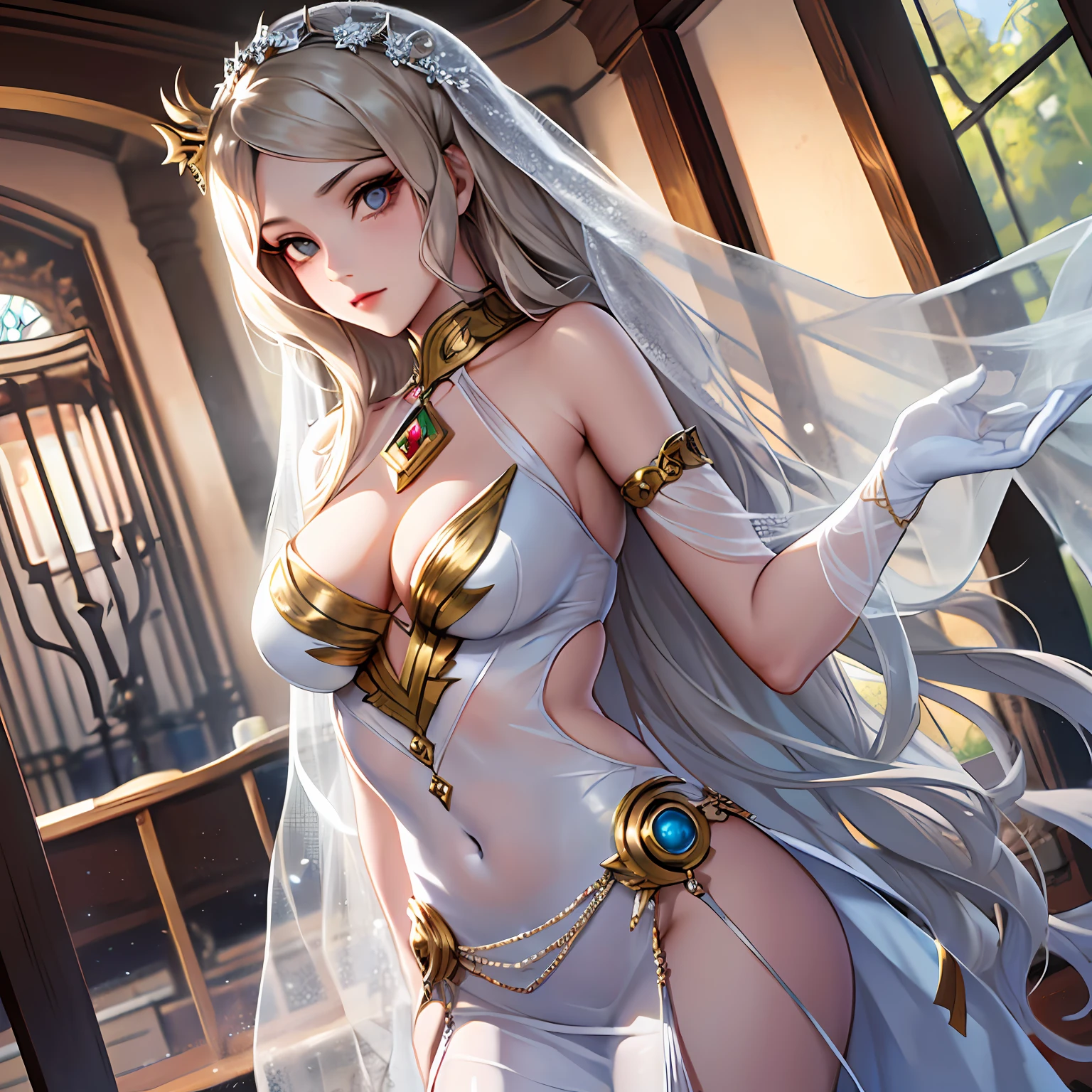 Mulher com cabelo loiro, menina anime sedutora, Anime Garota Cosplay, roupa de freira sexy, white veil, Ann Takamaki de Persona 5, gama murata e artgerm, anime hiper realista, Pose sexy, Gravidade Rush Inspirado, aluna hiperrealista, anime fotorrealista | | | | | pernas abertas, roupa transparente, calcinha, cabelo loiro, ((roupa de freira transparente, vestido de freira transparente, alloy handles, coxas)), (seios enormes),
