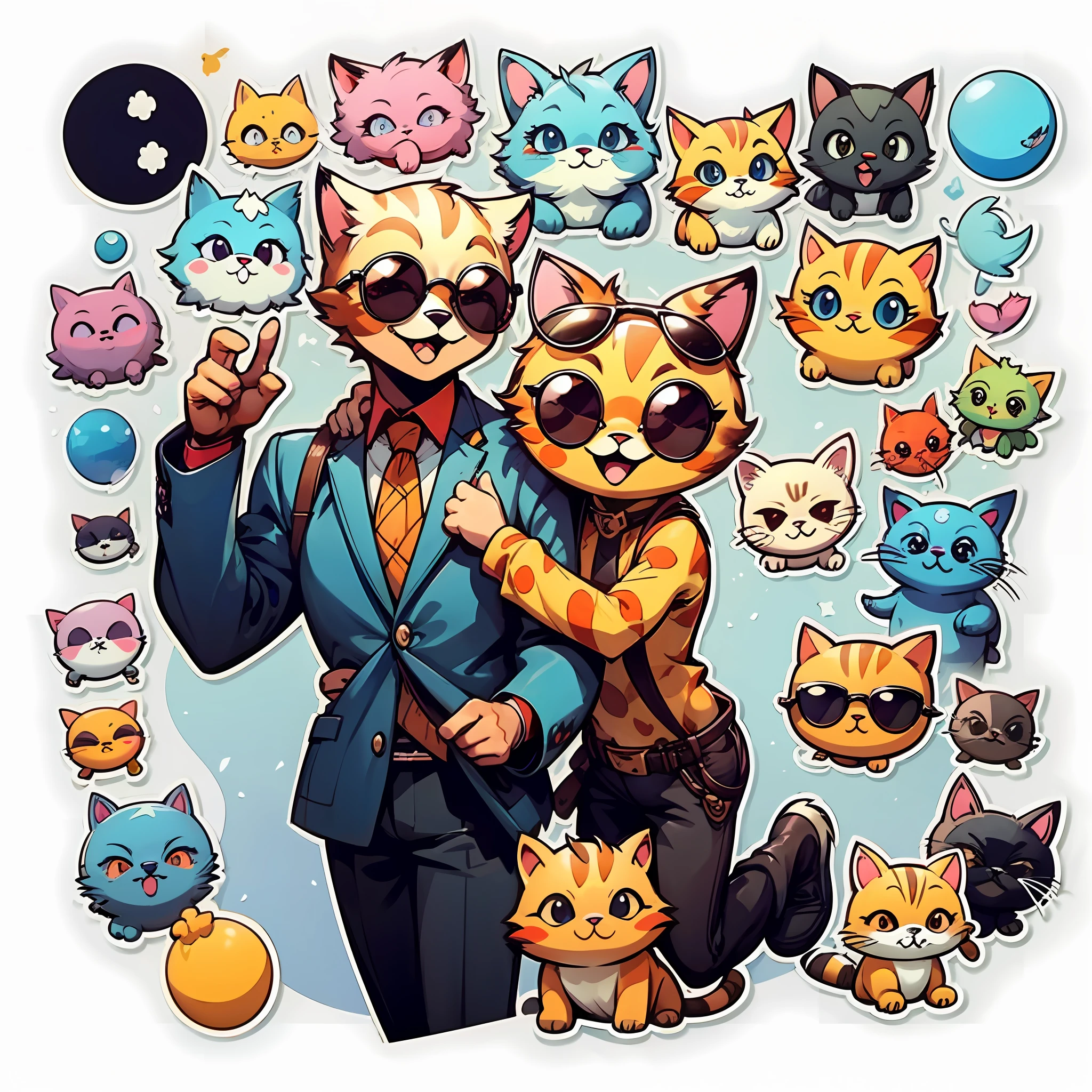 A sticker of a cat with sunglasses counting dollars and smiling, white background, cartoon style, masterpiece, fine lineart --auto