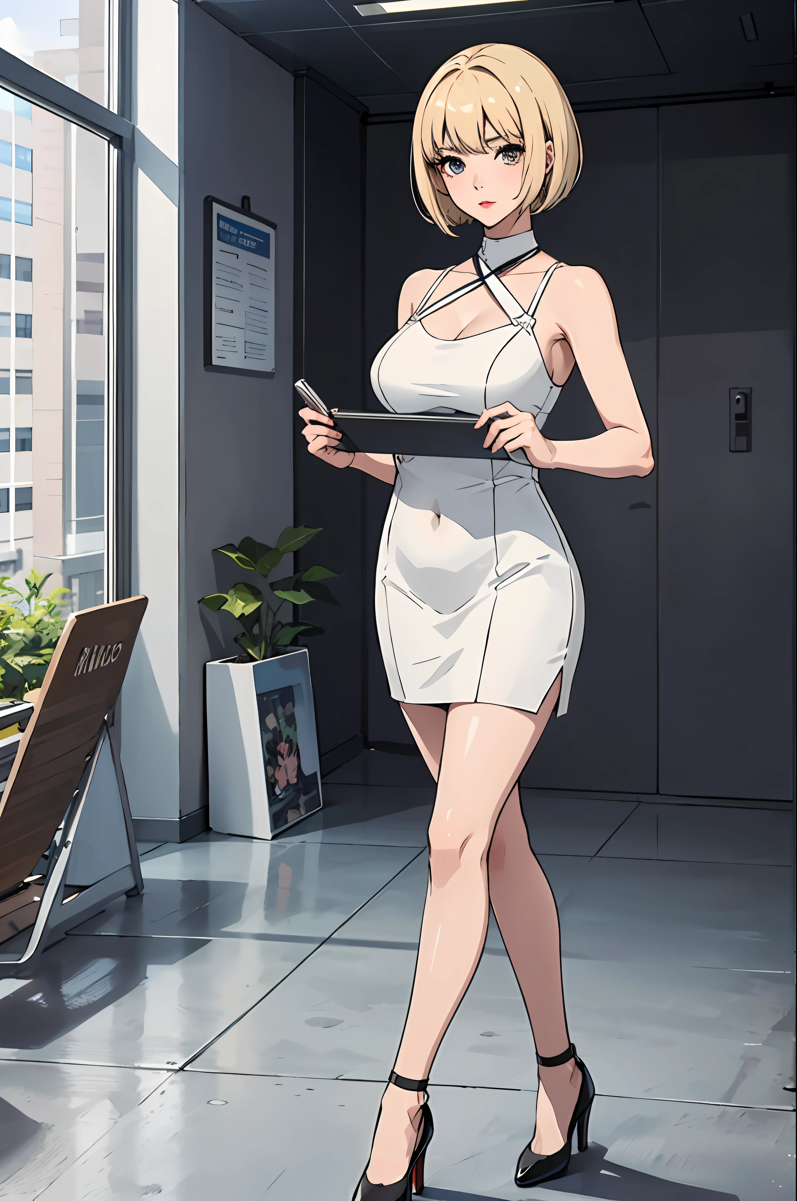(best quality:1.2), natural makeup, big tits, seductive, motherhood, at_the_CEO_office, looking at the audience, sexy, full body, CEO lady, (mature woman, milf: 1.1), solo, (curve: 1.1), milf, modern office background, high heels, blonde hair, bob haircut, nfsw, stand, white tube dress, white short skirt,