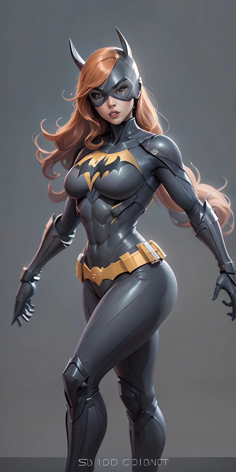 Batgirl from DC, big breasts, frontal, full-length, looking at the camera, facing the audience, standing pose, simple background, three-dimensional light, detailed full-body concept, sleek digital concept art, beautiful full-body concept art, art trend, CGsociety full-length,