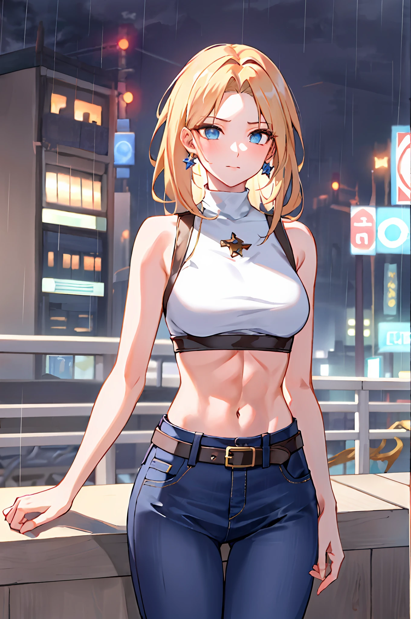 maryms, Best Quality,(beauty), 1girl,phisically-based render ,ultra highres,(cowboy shot:1.5),narrow waist, skinny, LeonaMS ,muscular, big blue eyes,long legs,jeans,leather belt,small breasts,puffy eyes, leather belt,(rainy city), shiny skin, facing viewer, Victory posture,