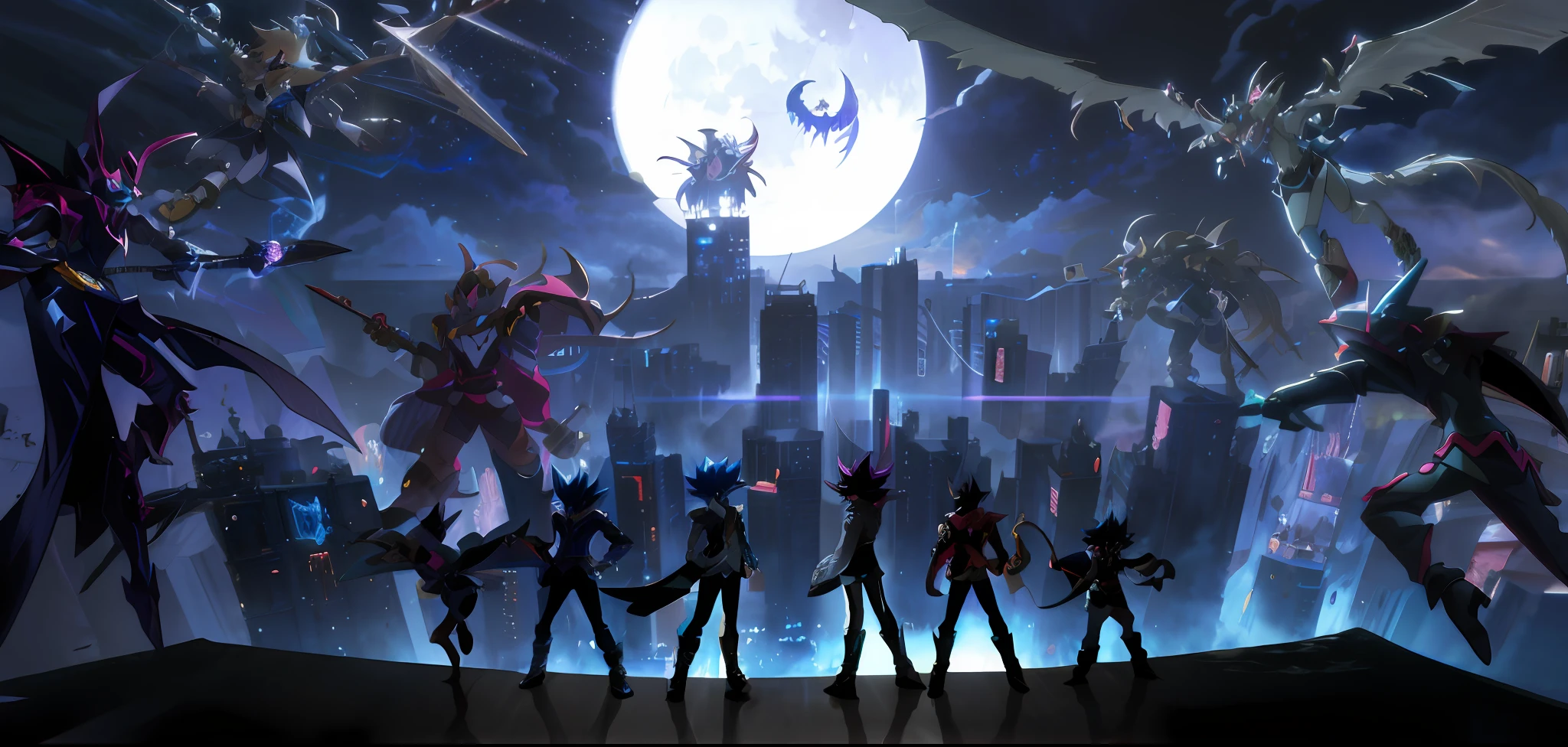 Anime characters standing in front of a full moon,The background is a city, digimon key art, Yugioh artwork, digimon anime key art, anime concept hdr anime macmanus, Epic anime style, Anime epic artwork, yugioh art style, yugioh style, complete darkness background, yugioh, 3d anime poster, anime”, Digimon