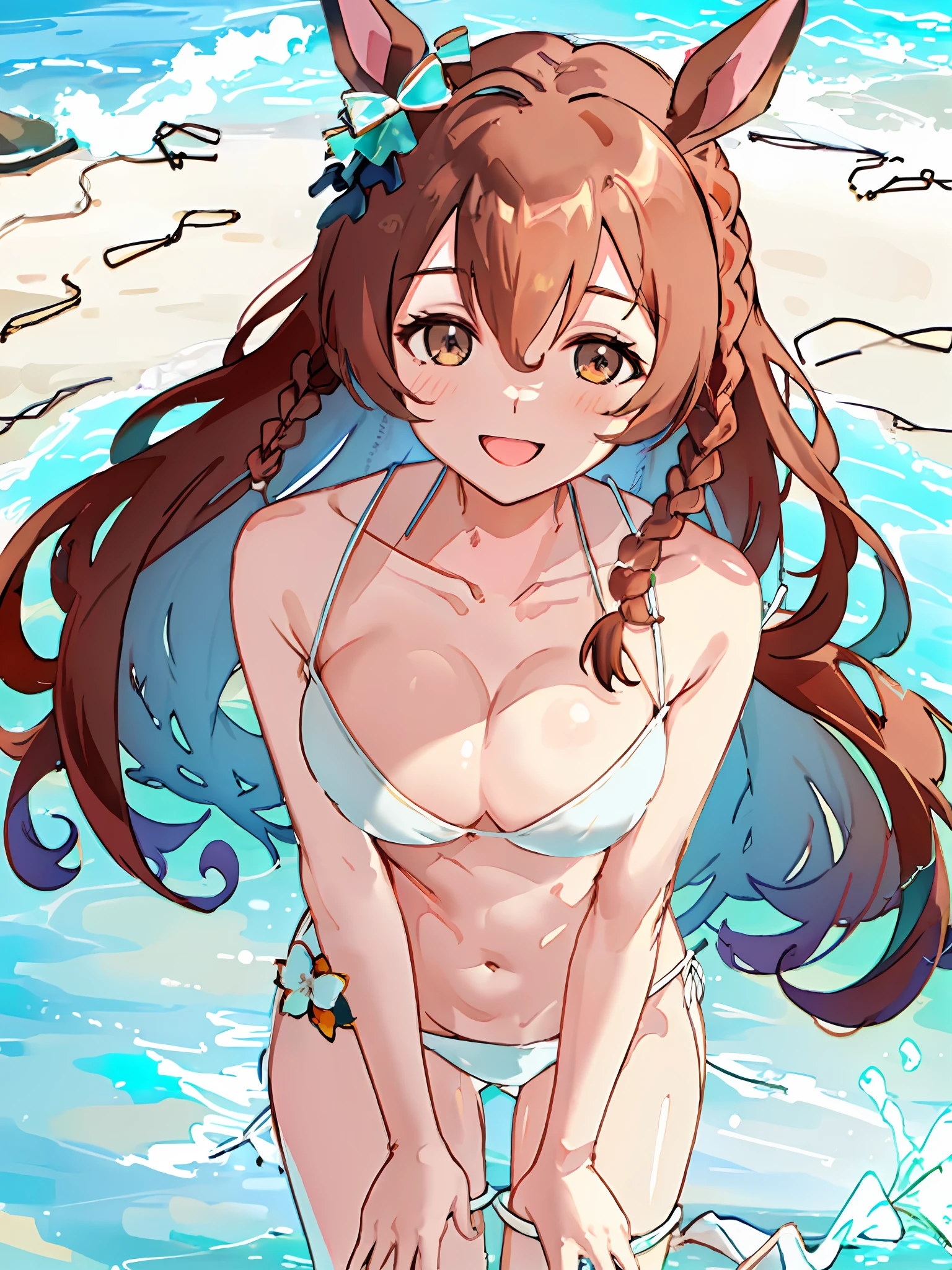 Mejiro_Bright_(Umamusume), 1girl in, Solo, Umamusume, Horse Girl, Horse ears, (Horse tail:1.2), Brown eyes, Brown hair, Long hair, lightsmile, ear bow, Beautifully shaped breasts,Happy smile,girlfriend,(White Bikini:1.8),summer vacation,private beach,Perfect Anatomy,From  above,flipflops,