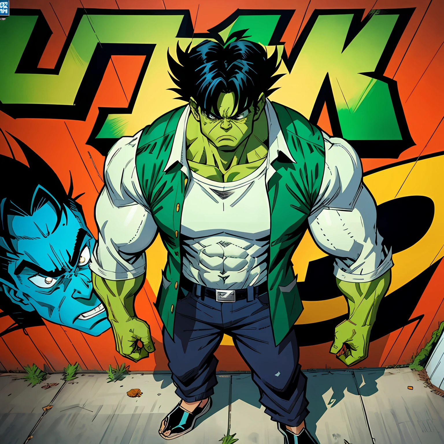 Hulk in green jacket and white shirt standing in front of graffiti, epic comic book style, Portrait of the Hulk, son goku as the incredible hulk, hulking, hulk like physique, Hulk, The Hulk, The Hulk, hulk body type, marvel comics style, comic character, The incredible Hulk, comic artstyle, marvel comics style, arte no estilo manhwa
