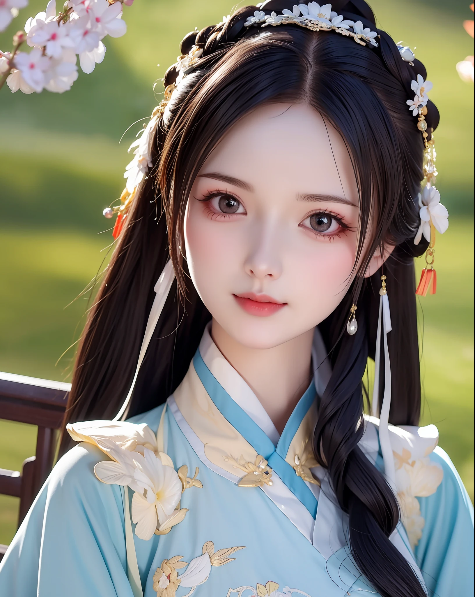 (Daisaku),(Need),(Super meticulous),best qualtiy,tmasterpiece,A high resolution,a beauti,Blushlush,Bright big eyes,Chinese Hanfu,Luxurious tiara,White light gauze Hanfu, Xianxia, conservativelydressed,choker necklace,jewelry,beautfully face,Half-life portrait,4k,(beautiful detailed face),(美丽细致的眼睛)k hd,Unbeatable masterpiece