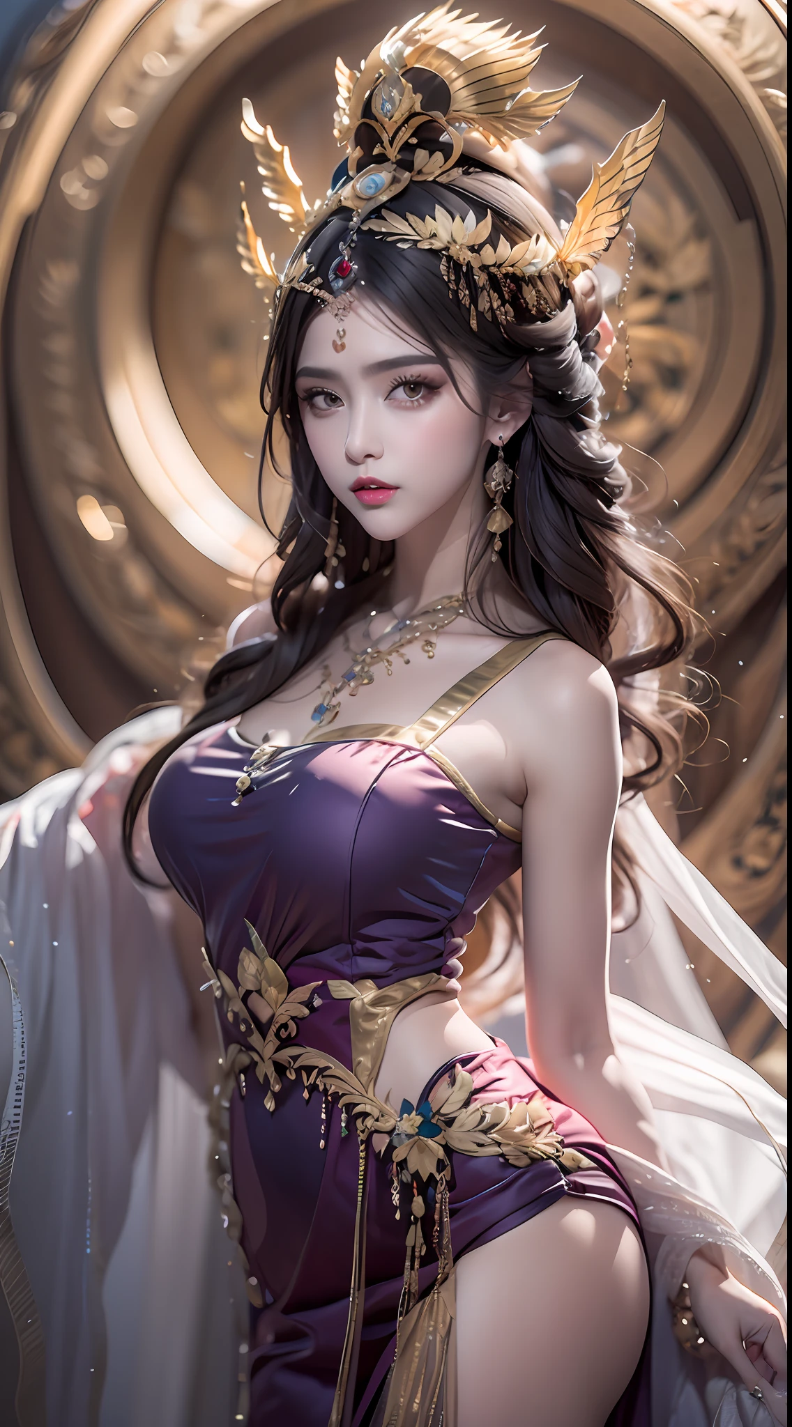 1 20 year old girl, 1 goddess Athena, pink purple silk dress, beautiful goddess Athena face without blemishes, delicate yellow nightgown, long thin sequin nightgown with many sexy black lace details, female saint legend, female saint icon, beautiful goddess style glitter, dark and mysterious version, small proportioned goddess crown, vermilion lips, delicate and beautiful pino detailing, delicate and beautiful lip detail, , (pure and flawless face: 1.9), female saint body, round chest, big and round breasts, phoenix brooch, long flat bangs, (7-color rainbow hair: 1.9), beautiful clear face and well-proportioned eyes, (transparent yellow eyes: 1.8), (big round eyes and makeup, very beautiful and meticulous hair makeup, long and delicate blonde hair, delicate, body image: 1.8), figure: and vivid, (stars that make up the sky: 1.7), (the sky of heaven and the fictitious gate of time and space: 1.8), fictional art, RAW photos, hanfu photos, best photos, high resolution, best quality, best photos, best goddess quality, 8k female, super 8 single saint portraits, truest color schemes, masterpieces, best beauty brands, best hair jewelry, brand real photo, dark studio, border light, two-tone lighting, (rose white skin: 1.4), (high skin detail: 1.1), 8k uhd, d slr, soft light, 8k, high quality, candid, volume Smooth and sharp, 10x pixel increase, sexy goddess, sexy goddess, (background space: 1.8), (most beautiful aurora eyes: 1.7), beautiful eyes, aurora beautiful and flowery, (beautiful single girl: 1.8), (single girl: 1.8),
