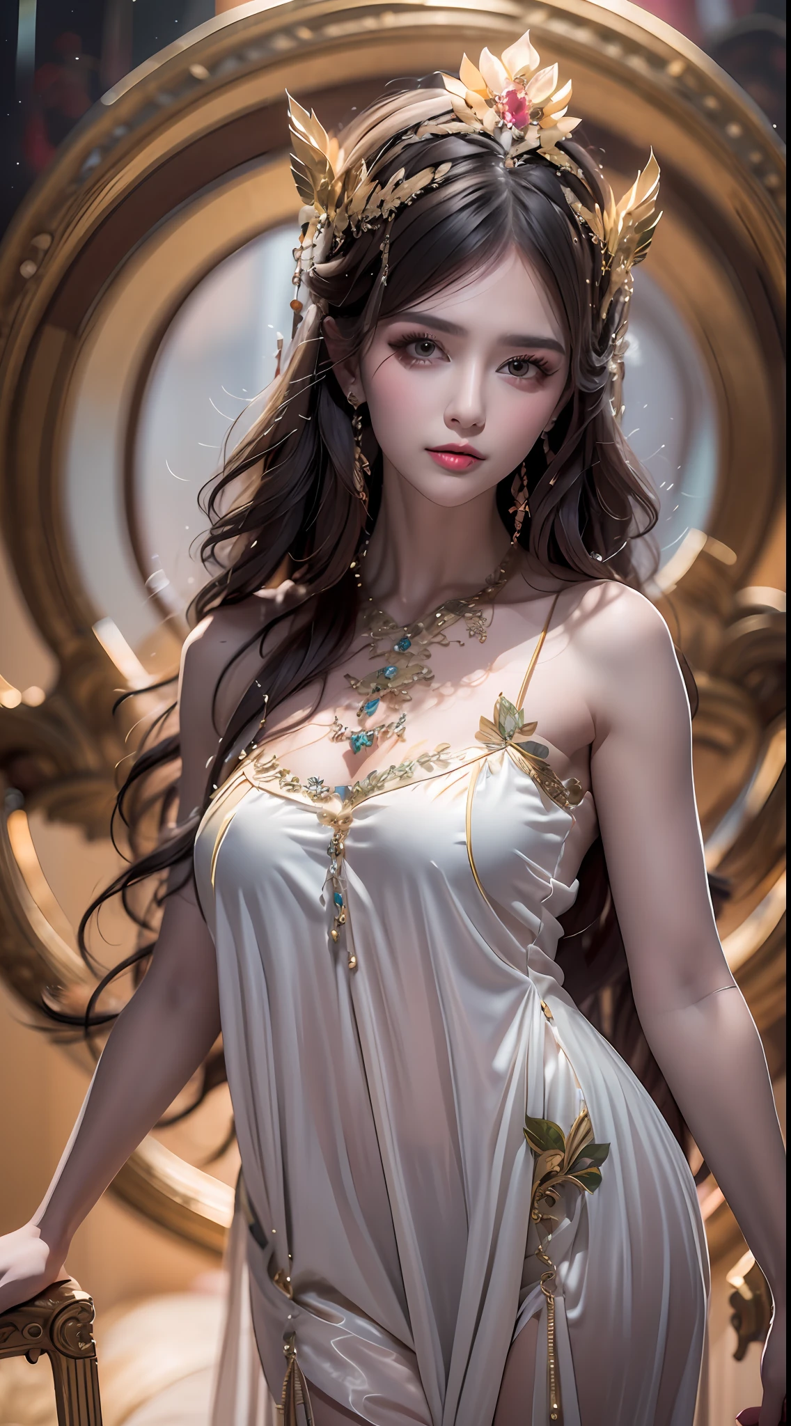 1 20 year old girl, 1 goddess Athena, pink purple silk dress, beautiful goddess Athena face without blemishes, delicate yellow nightgown, long thin sequin nightgown with many sexy black lace details, female saint legend, female saint icon, beautiful goddess style glitter, dark and mysterious version, small proportioned goddess crown, vermilion lips, delicate and beautiful pino detailing, delicate and beautiful lip detail, , (pure and flawless face: 1.9), female saint body, round chest, big and round breasts, phoenix brooch, long flat bangs, (7-color rainbow hair: 1.9), beautiful clear face and well-proportioned eyes, (transparent yellow eyes: 1.8), (big round eyes and makeup, very beautiful and meticulous hair makeup, long and delicate blonde hair, delicate, body image: 1.8), figure: and vivid, (stars that make up the sky: 1.7), (the sky of heaven and the fictitious gate of time and space: 1.8), fictional art, RAW photos, hanfu photos, best photos, high resolution, best quality, best photos, best goddess quality, 8k female, super ingle saint portraits, truest color schemes, masterpieces, best beauty brands, best hair jewelry, brand real photo, dark studio, border light, two-tone lighting, (rose white skin: 1.4), (high skin detail: 1.1), 8k uhd, d slr, soft light, 8k, high quality, candid, volume Smooth and sharp, 10x pixel increase, sexy goddess, sexy goddess, (background space: 1.8), (most beautiful aurora eyes: 1.7), beautiful eyes, aurora beautiful and flowery, (beautiful single girl: 1.8), (single girl: 1.8),