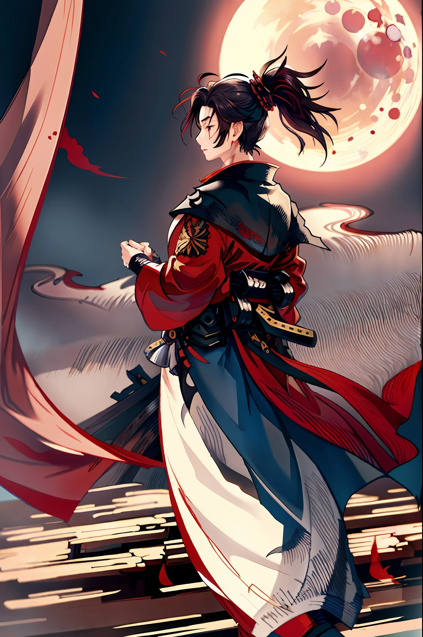 masterpiece, best quality, samurai in red kimono, cloth flowing in the air, moon, boreal steppe, sfw
