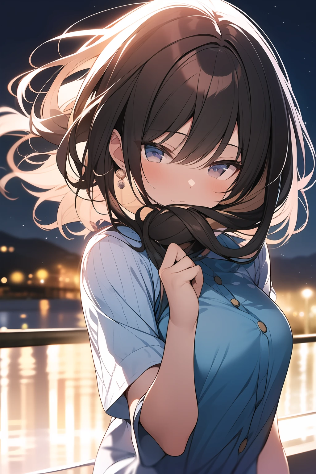 an extremely delicate and beautiful, depth of field, 1woman, 23 years old, casual wear, hair blowing in the wind, (night:1.7)
