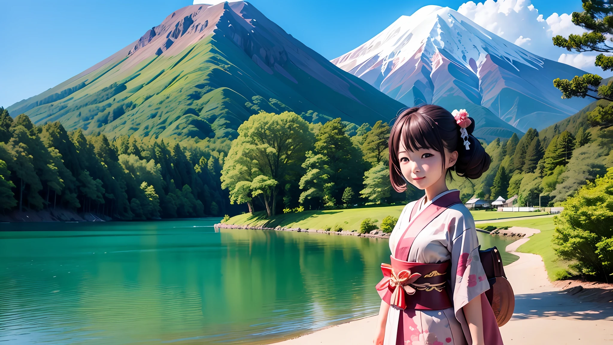 top-quality、Lakeside in front of the mountain. Fuji、One girl、during daytime、夏天、kimono、Beautiful blue sky、plein air、taisho roman、Standing、 --auto