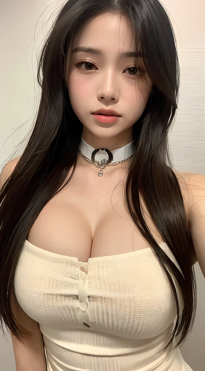 perfect figure beautiful woman：1.4，Layered Hair Style，Protruding cleavage：1.2，Bandeau dress：1.5，Highly Detailed Face and Skin Textur，二重まぶた，Whiten the skin，long whitr hair，Collar