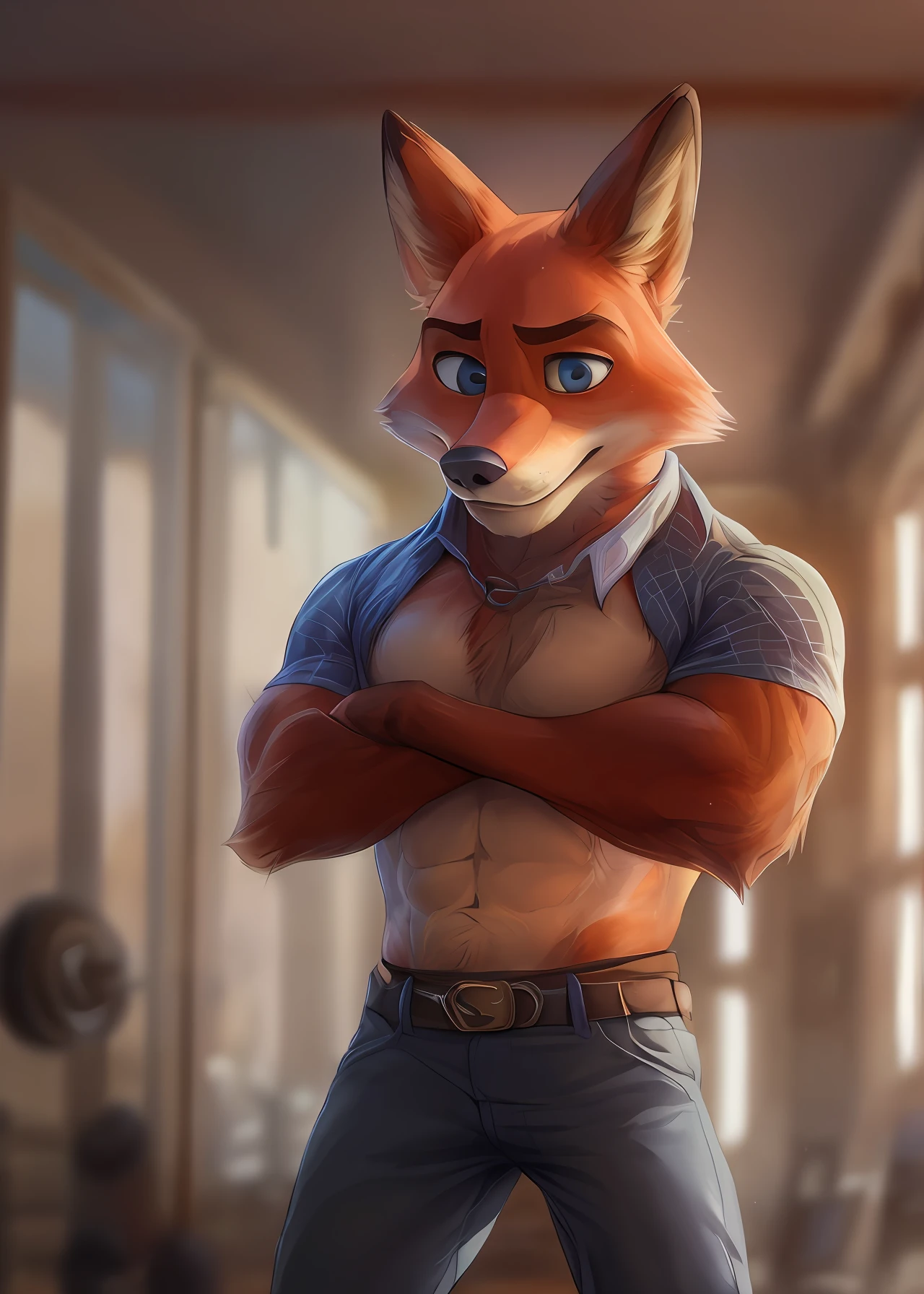 uploaded in e621, ((by Wildering, by Foxovh, by Disney)), Zootopia, solo ((nick wilde)) with ((neck tuft)) and ((fluffy tail) and ((light navy blue eyes)), ((half-length portrait)), (, BREAK, (detailed red fox nick wilde x nick wilde), (detailed lighting), ((detailed fluffy skin)), BREAK, ((in a gym flexing your muscles)), (cinematic lighting), ((detailed background)), ((depth of field)), (half-length shadow), (((looking in the mirror, while his reflection shows nick wilde flexing his muscles))), (high-angle view), ((three-quarter view)), [backlight], [detailed ambient light], [gray natural lighting], [ambient light on the belly], [realistic proportions of a person with muscle hypertrophy], [???????? content, adult, NSFW], [sharp focus], (????????????????????), (shaded), (high resolution), ((masterpiece))Muscular big body, imposing body, primal appearance, muscular arms, muscular legs, bara, beefy, muscular body, defined round beefy pectorals, defined washboard abs,defined arms, defined legs