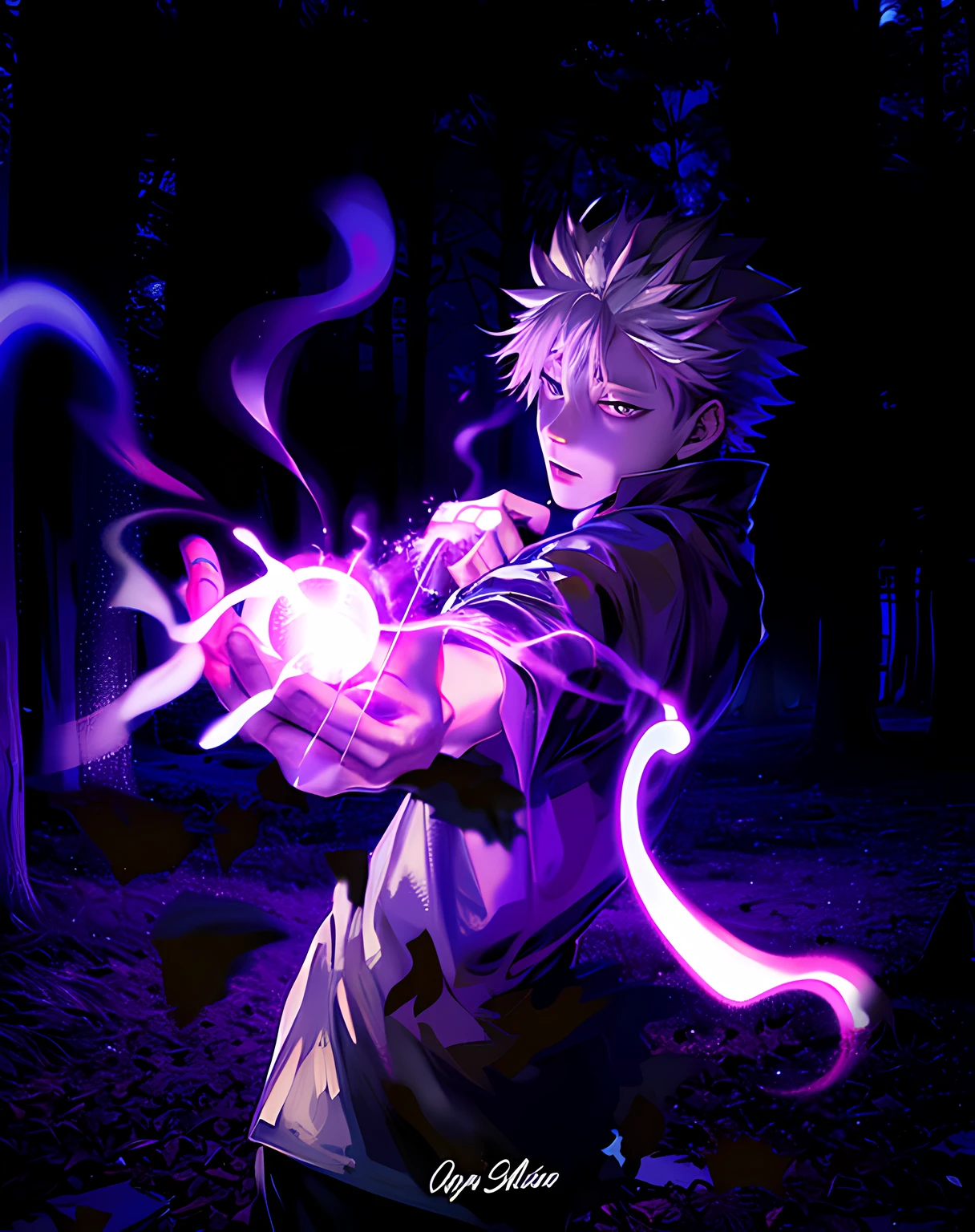 Anime guy with purple light in his hand holding a glowing ball, Killua Zoldyck, he is casting a lighting spell, Jujutsu Kaisen, Killua Zoldyck Retrato, cara bonito na arte demon slayer, Fate Stay Night, Killua Zoldyck cabelo preto, Arte digital de Danganronpa