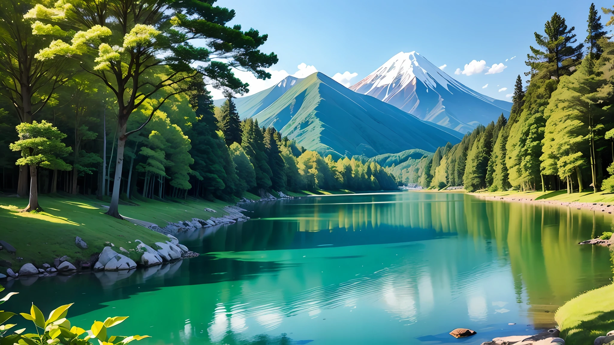 top-quality、Lakeside in front of the mountain. Fuji、One girl、during daytime、夏天、kimono、Beautiful blue sky、plein air、taisho roman、Standing、 --auto