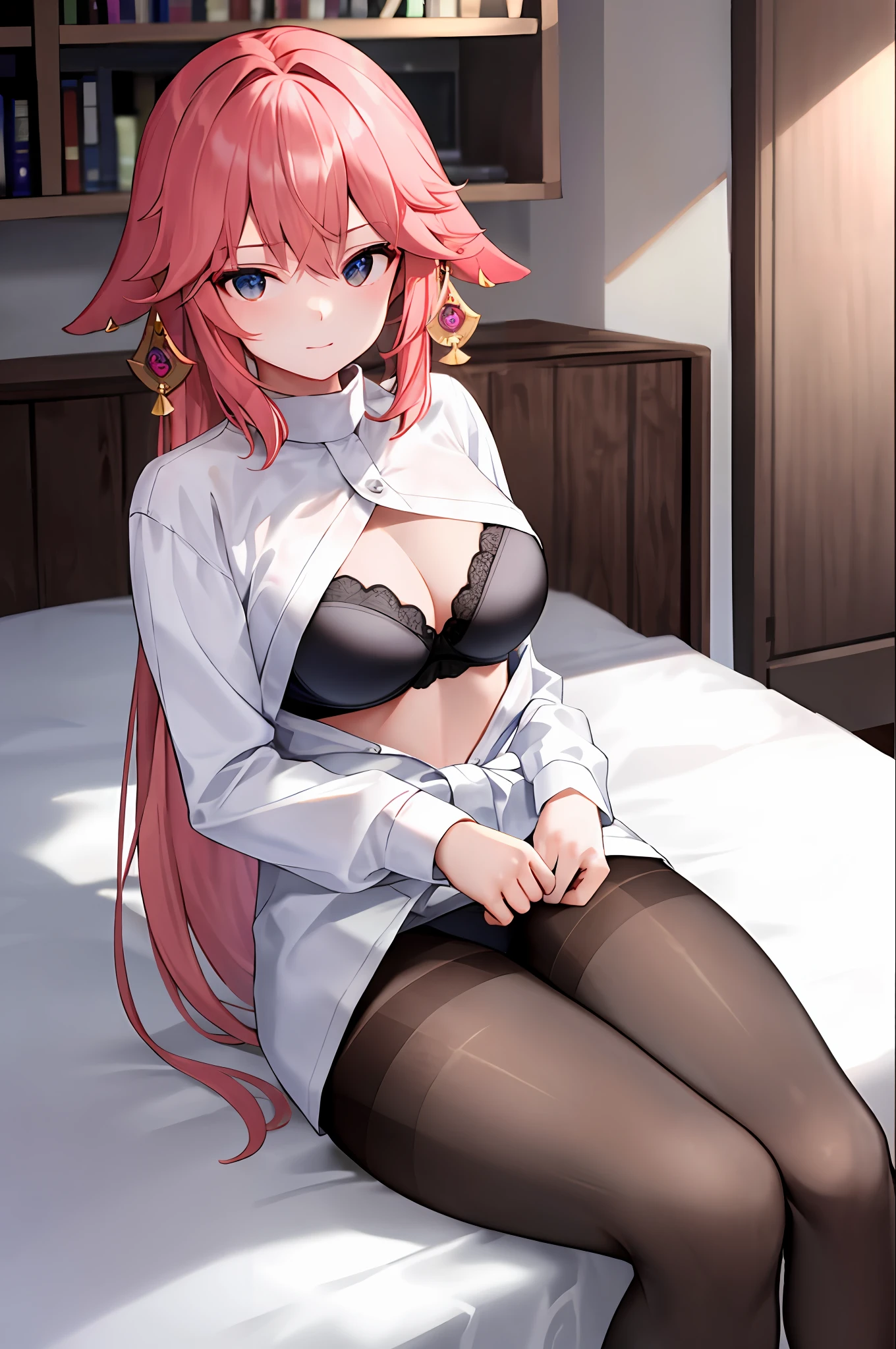 ((masterpiece, best quality)),8k,indoor ,1yae miko,_hold,(white shirt:1.2) ,looking at viewer,slim waist,black bra, use pantyhose