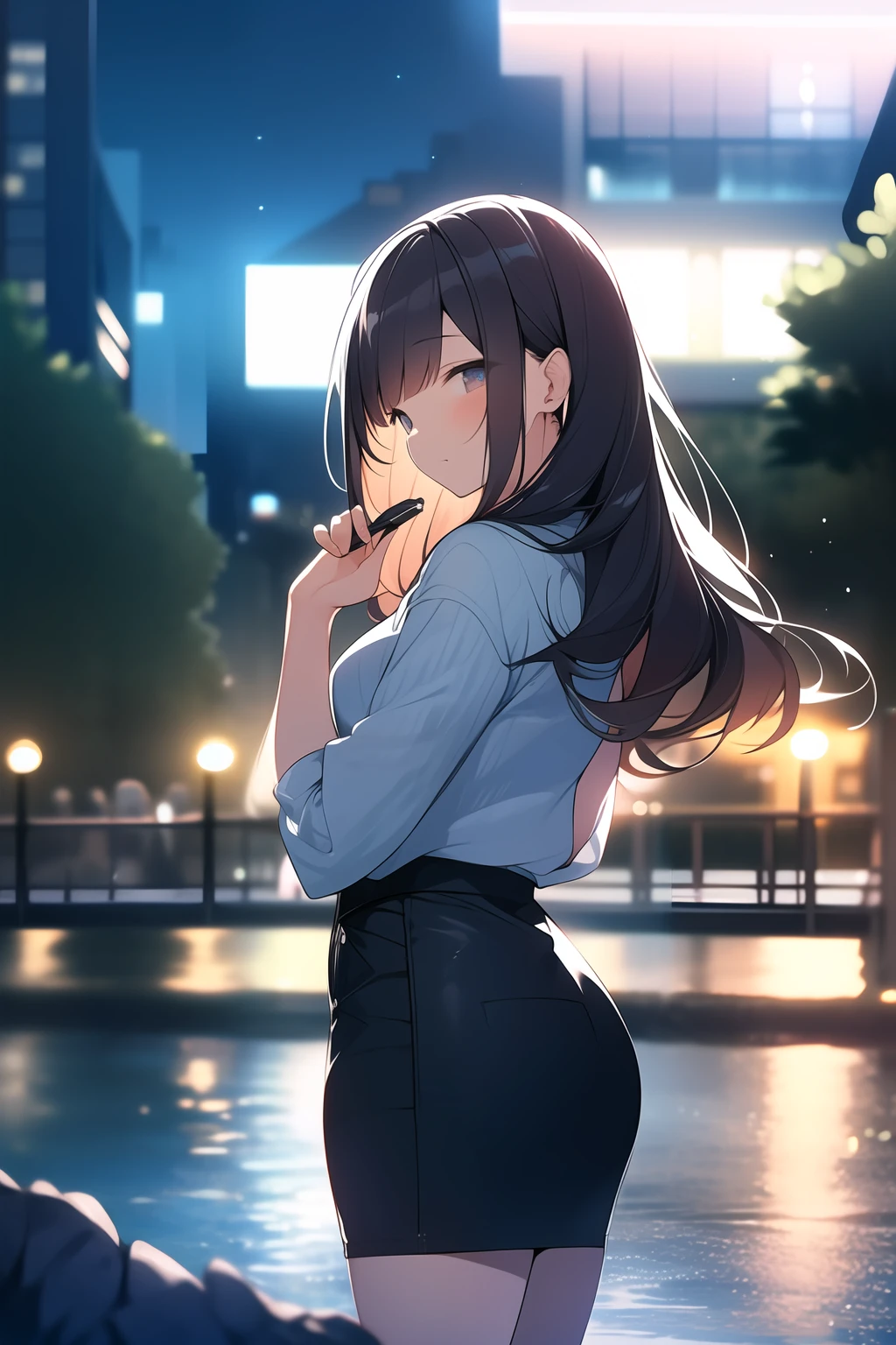 an extremely delicate and beautiful, depth of field, 1 milf, long hair, casual wear, cute, lakeside, (night:1.5)