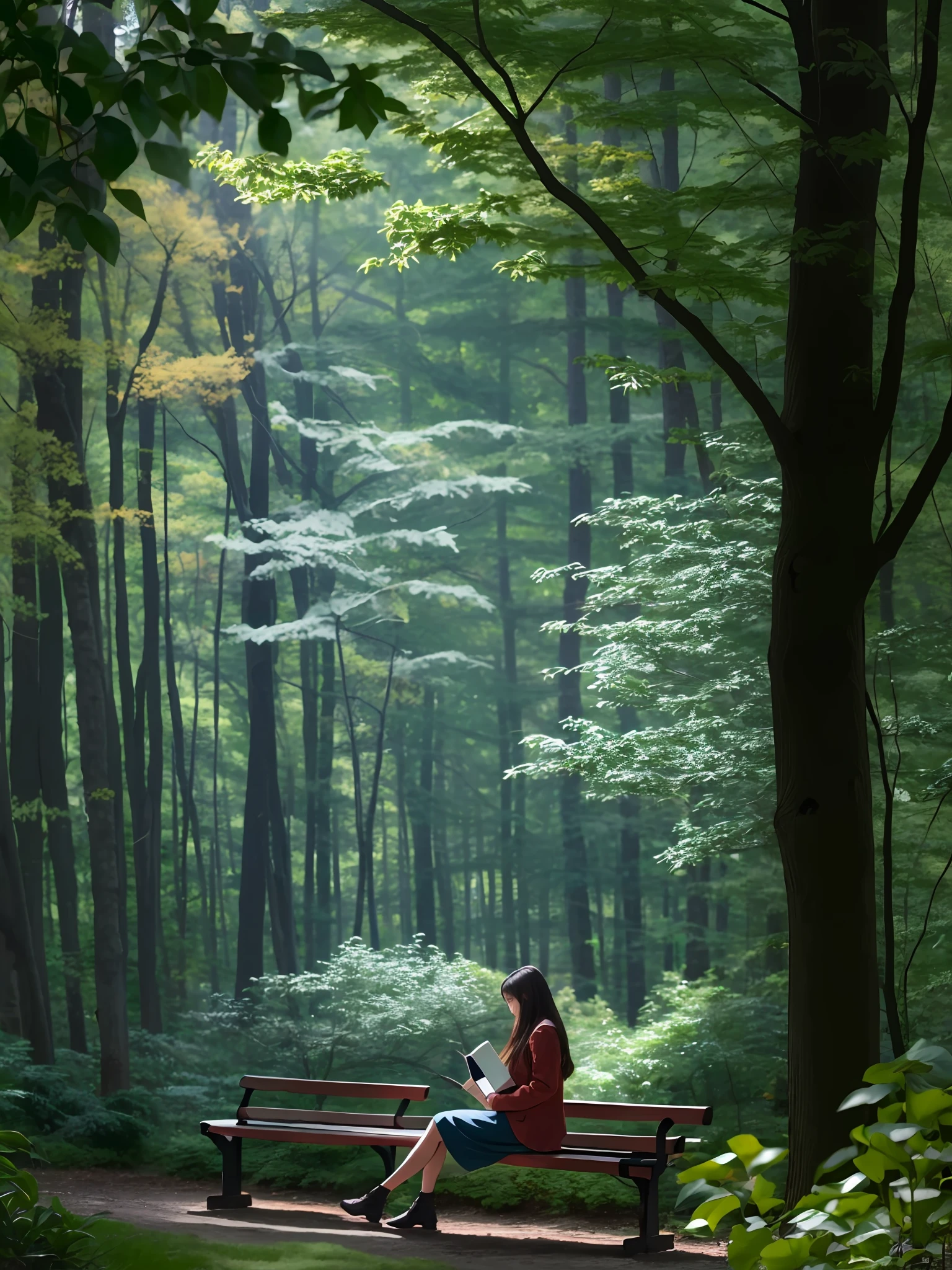 there is a woman sitting on a bench reading a book, in the middle of nature, reading under a tree, sitting in the forrest, author:Li Meishu, author:Wen Zhenheng, author:Han Gan, dreamy scenes, author:Cheng Jiasui, A cena mais bonita, By Fei Danxu, author:Ma Yuanyu, in serene forest setting