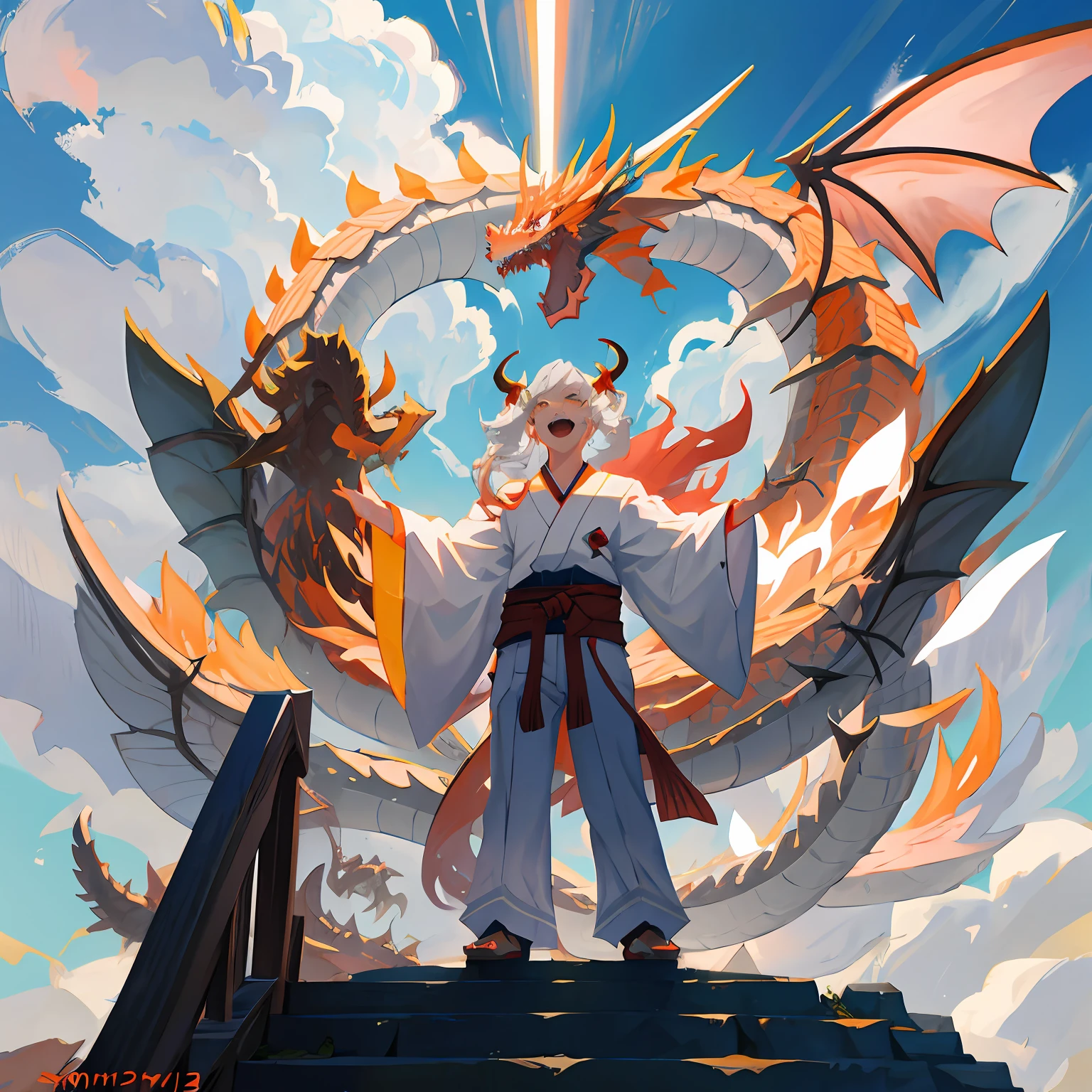 oriental dragon, front view, giant dragon size, open mouth, horns, scales, fangs, claws, full body, clouds, gray sky, small human image, face, japanese architecture, anime style, best quality, cinematic lighting
