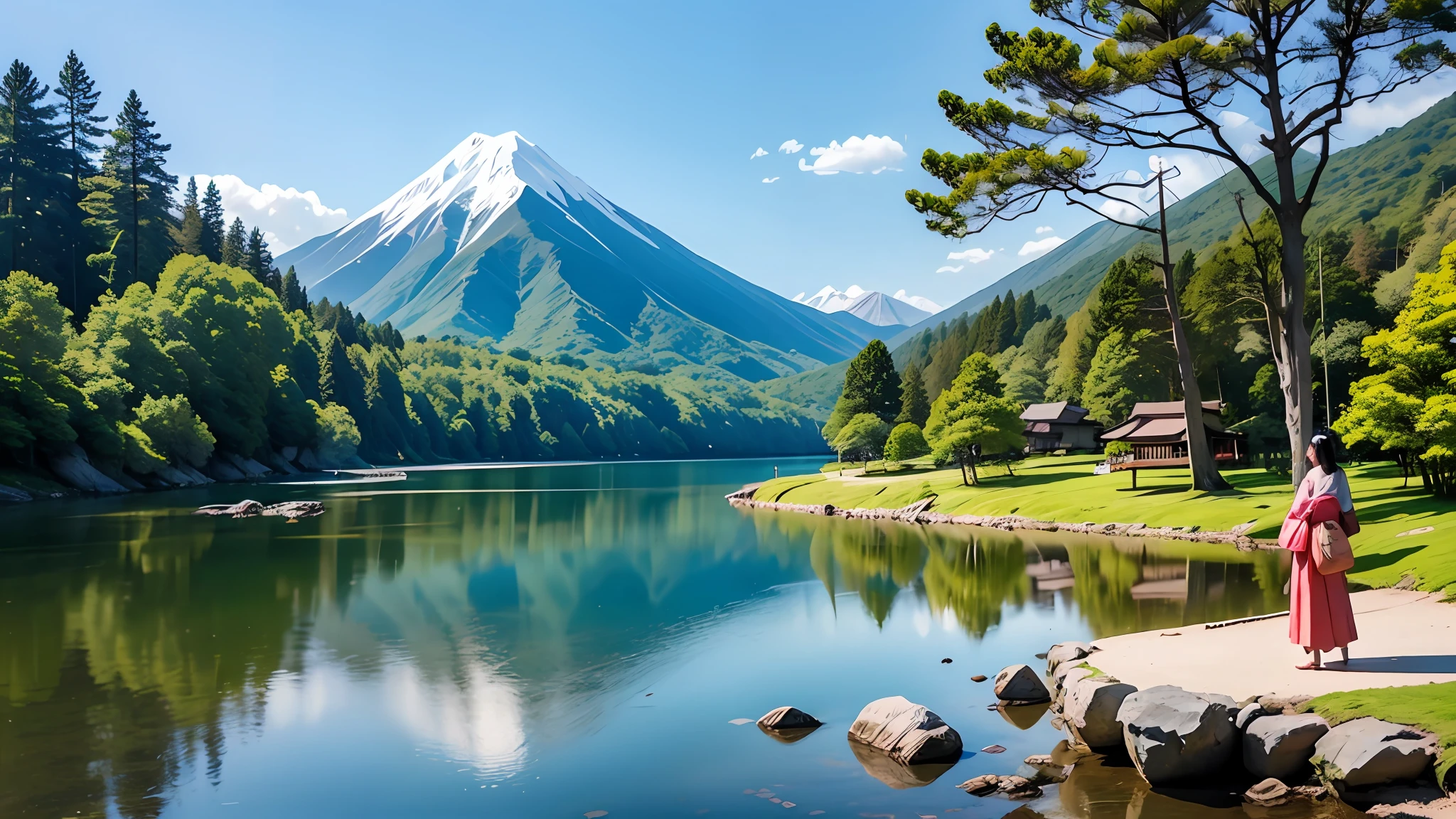 top-quality、Lakeside in front of the mountain. Fuji、One girl、during daytime、夏天、kimono、Beautiful blue sky、plein air、taisho roman、Standing、 --auto