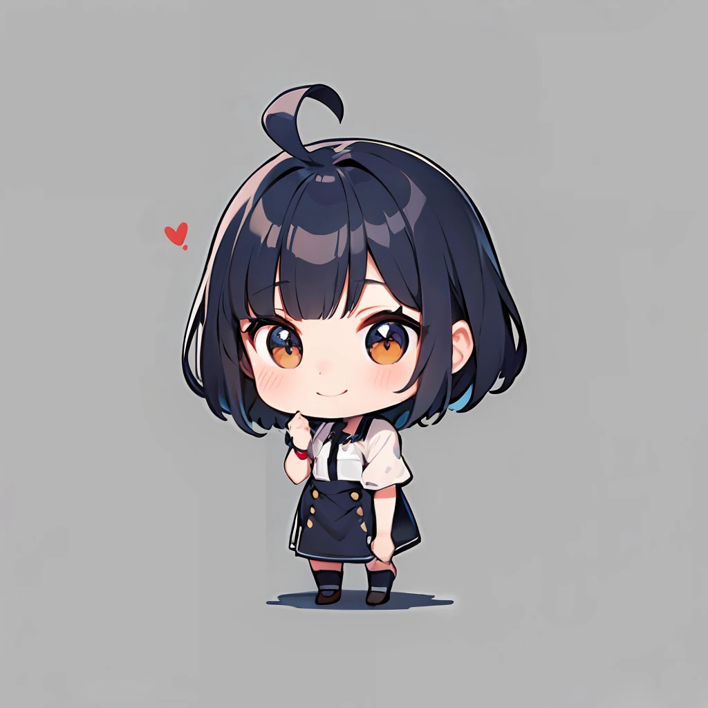 超A high resolution, Best aesthetic, Top quality depiction of the foot,be surprised,  Black and blue hair on the back, Flat Avatar,  Anime visuals of cute girls, Cute art style, Chibi,  Shorthair, Ahoge, is shy, A smile, hair adornments, simple background, 耳环, jewely, side locks, large oval eyes,