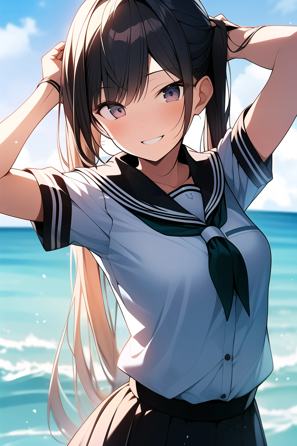 1woman, school uniform, posing, happy, sea, sunlight, cute, sexy, young, twintails, very long hair
