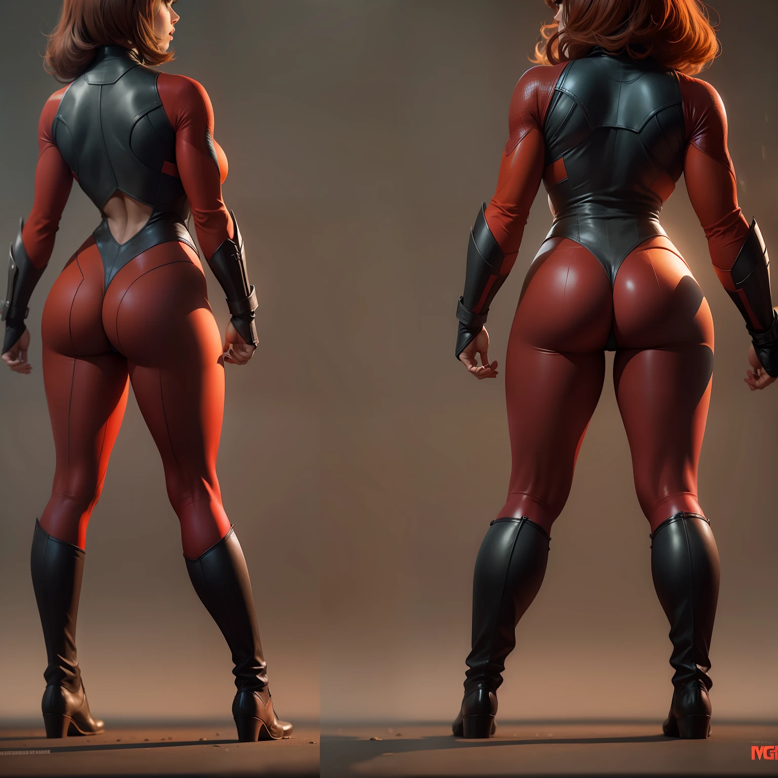 Female superheroes,Red tights,Black boots,Back,standing on your feet,The legs are long,Focus on the butt,The butt is round,8K