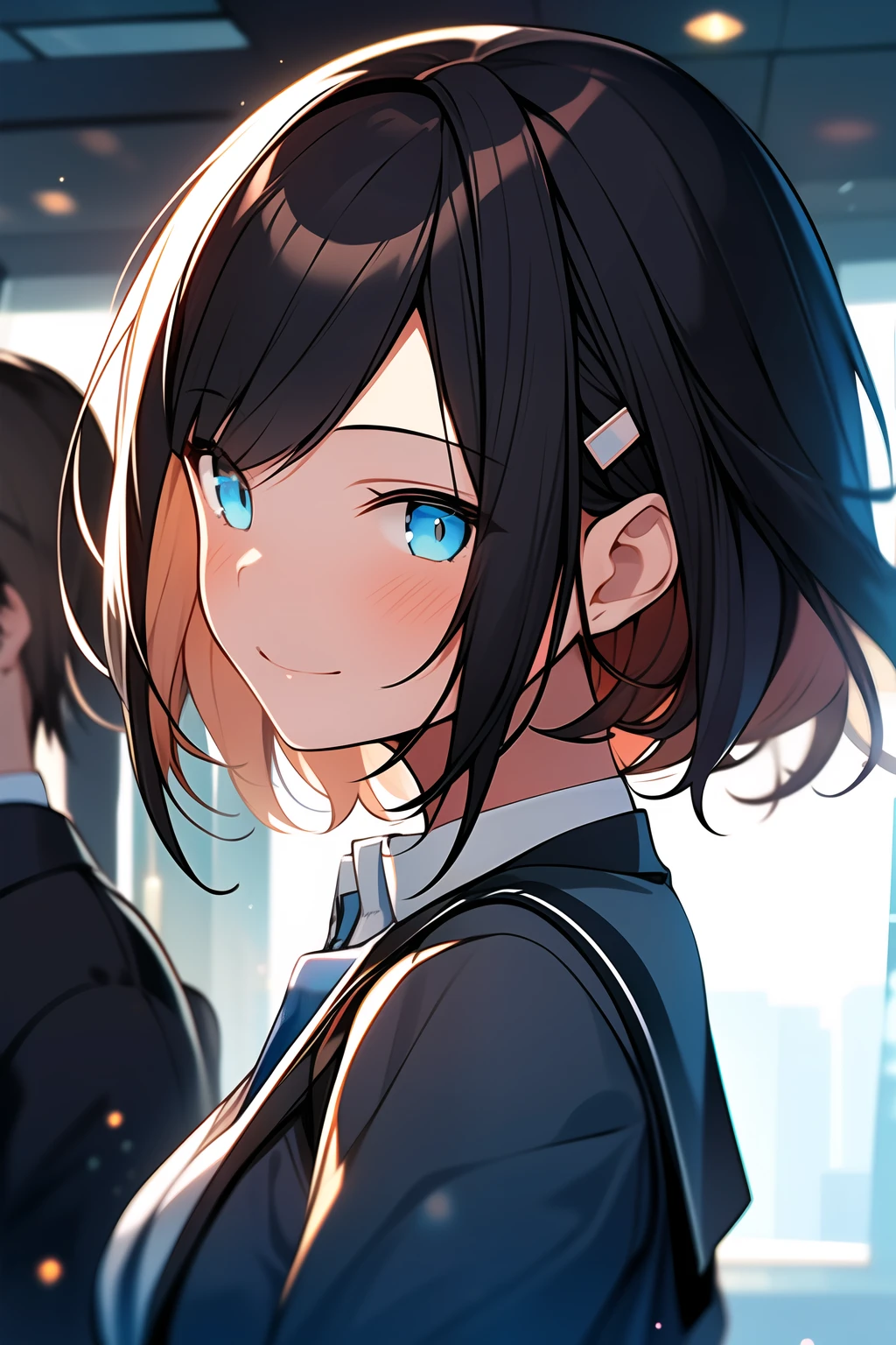 1girl, city, professional lighting, blue backlight bokeh, smile, mature, head portrait, sunlight, blone, short jacket, school uniform, hoodie, short hair, floating hair