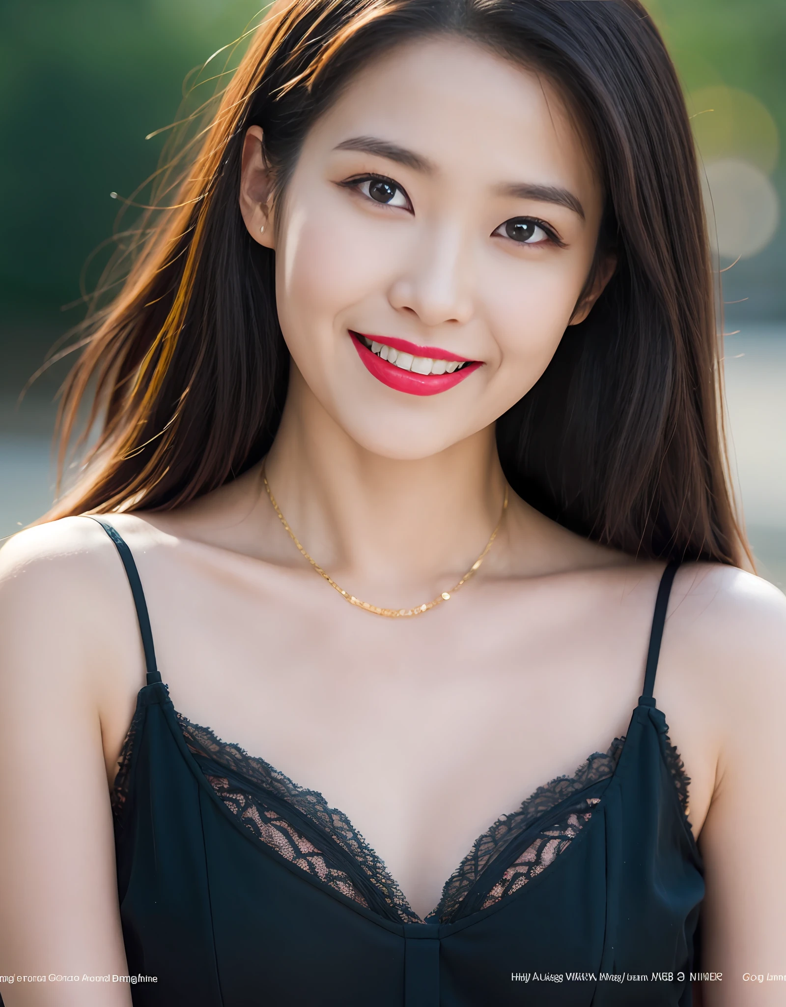 Asian woman with long black hair, Red lipstick, Black lace camisole vest, golden necklace., Light smile, Realism, Cinematic lighting, angle of view, f/1.8, 35mm, Nikon, Masterpiece, hyper HD, Anatomically correct, Textured skin, Super detail, Award-Awarded, Best quality, 8K
