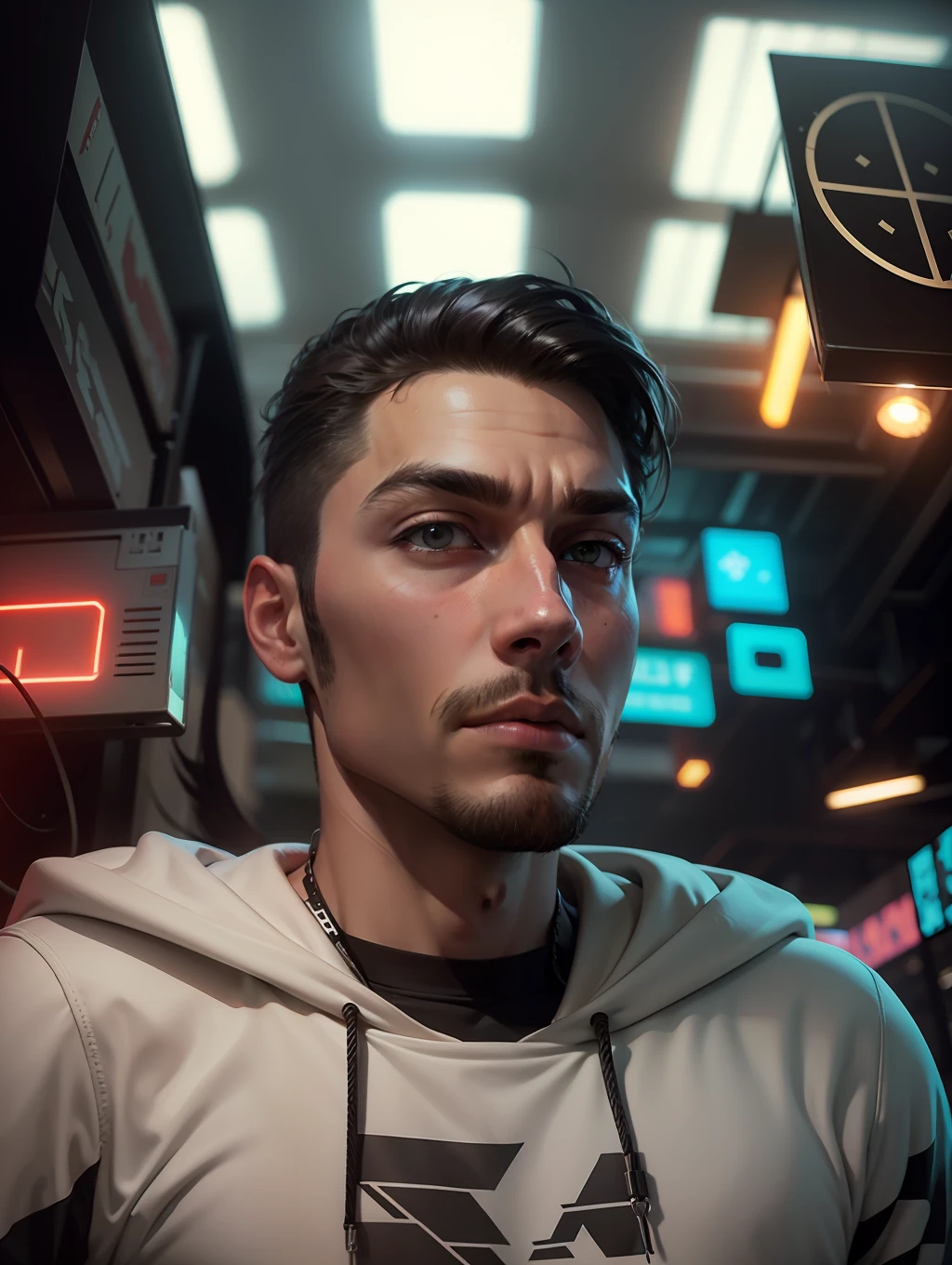 Replace background with cyberpunk handsome look cool hair, ultra realistic image, change cloths with hoodie.