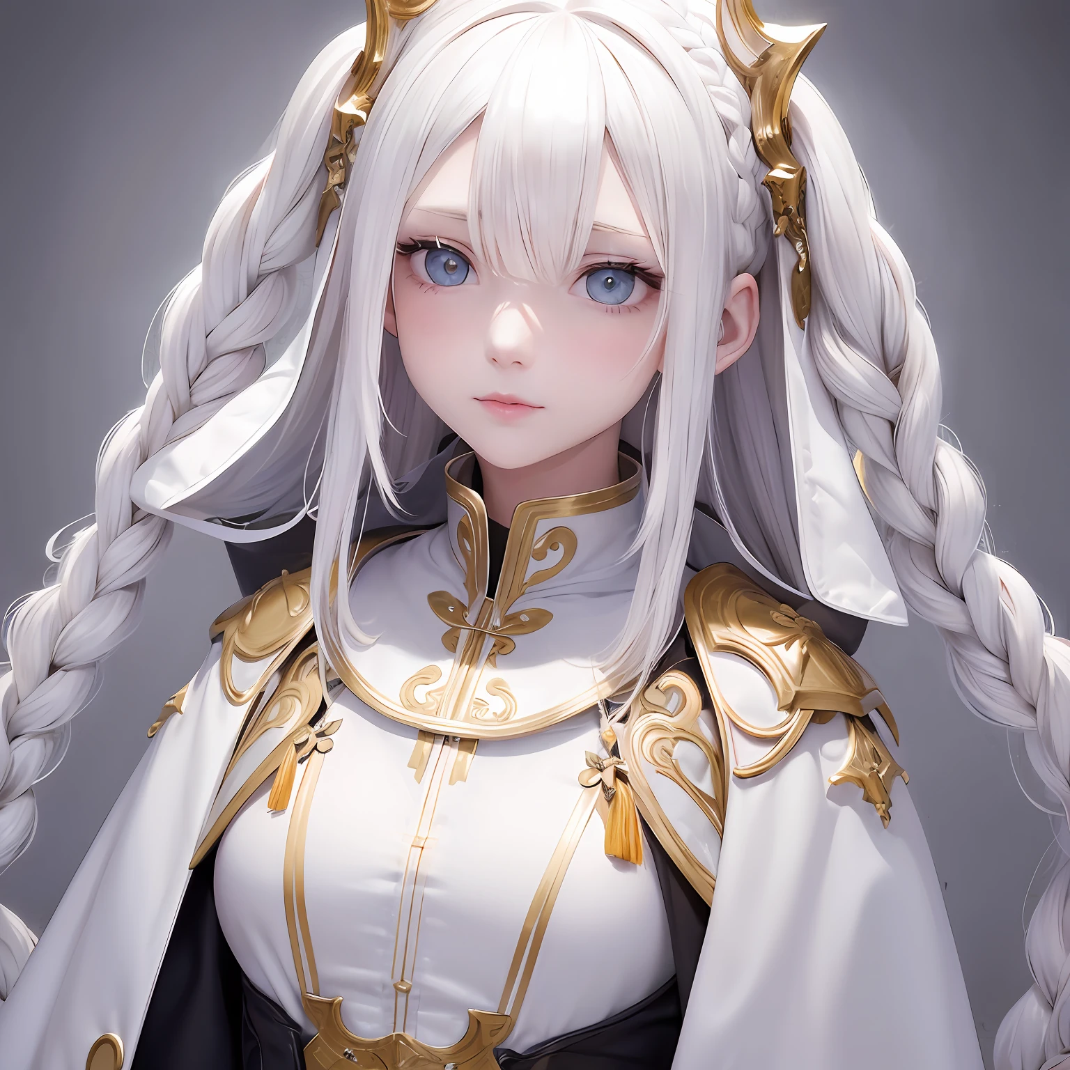 Manteau blanc,Milk skin,whaite hair,long braid,Golden eyes,Look up,The upper part of the body,Need,tmasterpiece