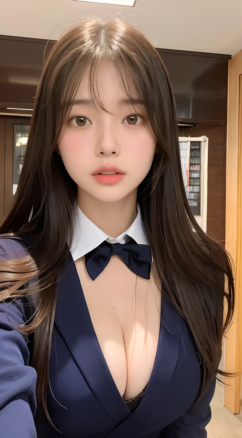 perfect figure beautiful woman：1.4，Layered Hair Style，Protruding cleavage：1.2，JK school uniform：1.5，Highly Detailed Face and Skin Textur，二重まぶた，Whiten the skin，long whitr hair，Collar