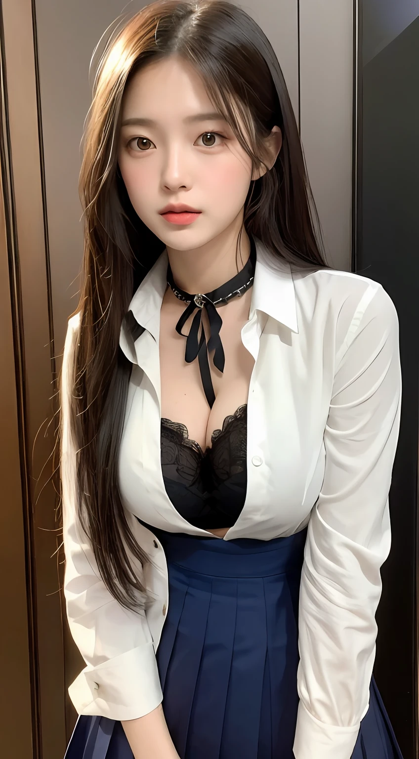 perfect figure beautiful woman：1.4，Layered Hair Style，Protruding cleavage：1.2，JK school uniform：1.5，Highly Detailed Face and Skin Textur，二重まぶた，Whiten the skin，long whitr hair，Collar