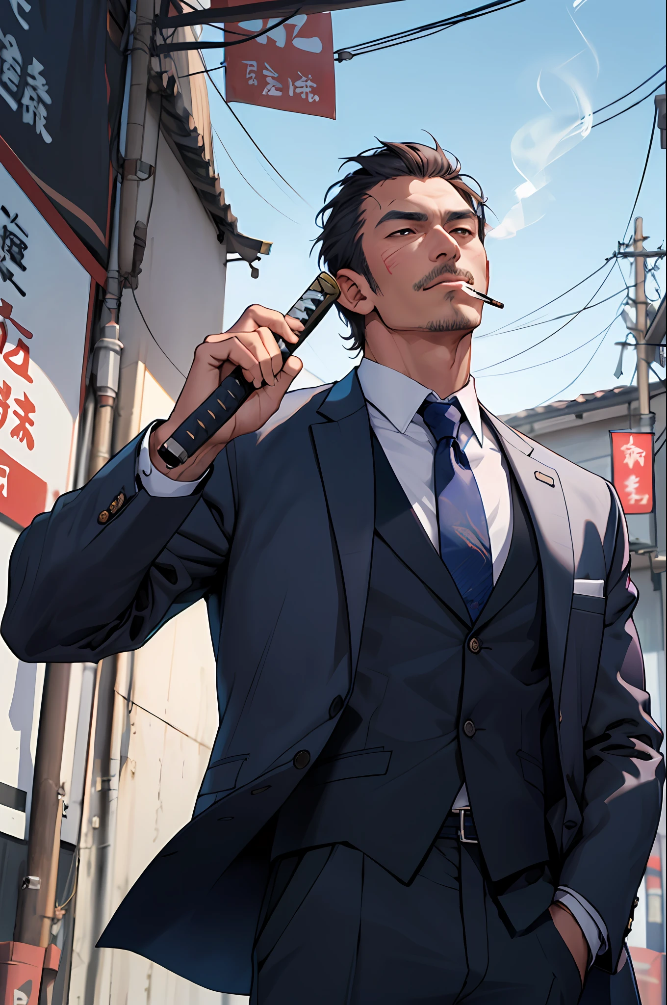 The uncle with a katana in his hand wears a suit,Smoking,Look up。