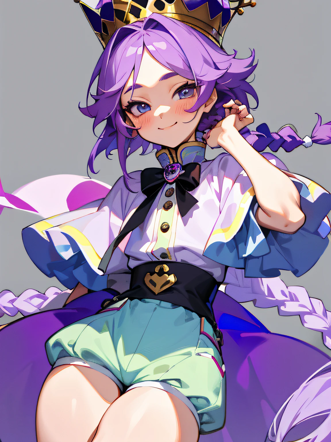 ((masterpiece, best quality)), 1boy, solo, femboy, thick thighs, prince, purple hair, single braid, crown, smile, flustered, wide eyed, android, crown, short hair, big eyes, puffy shorts, blush, lust,