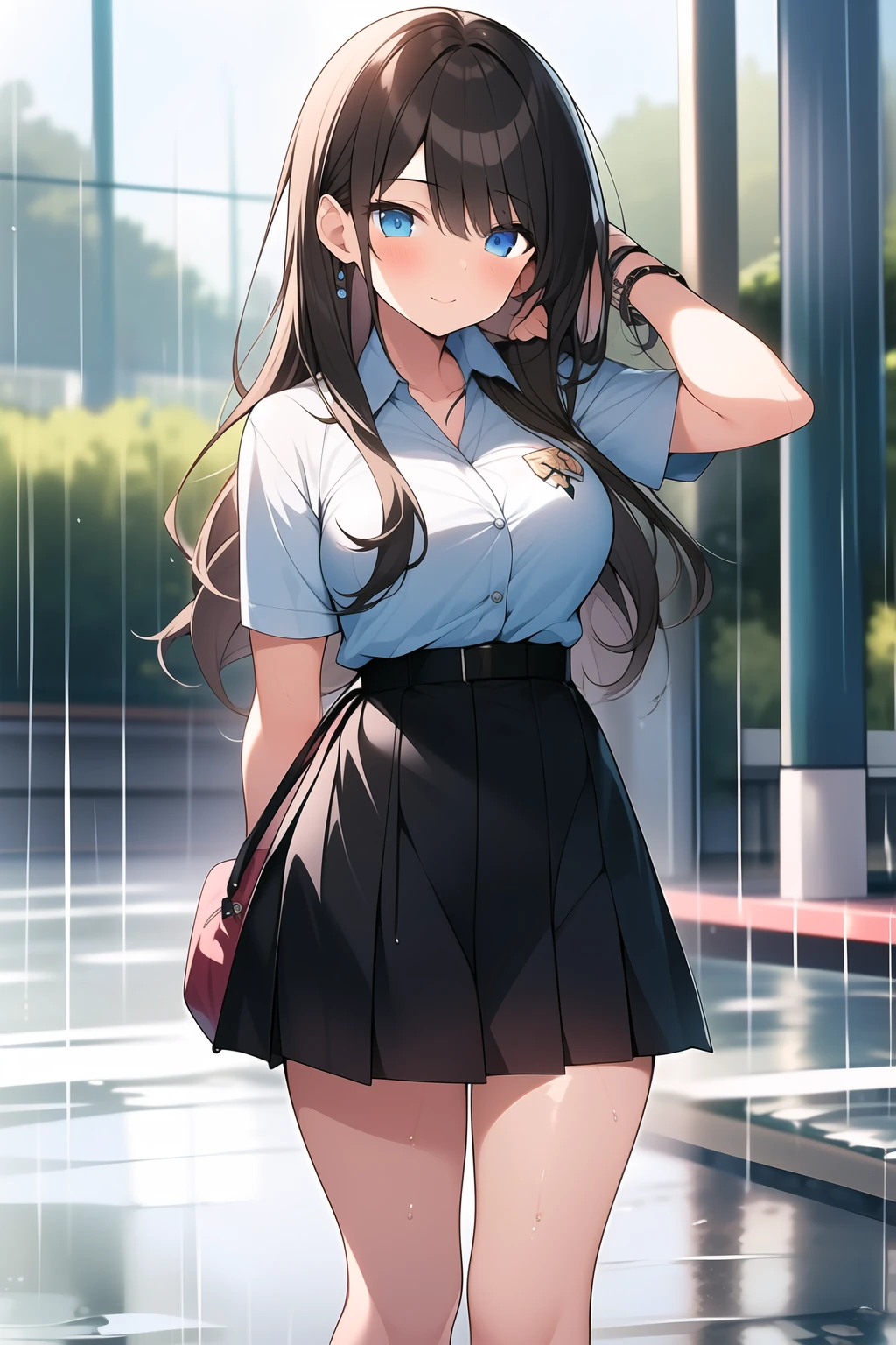 1 girl,medium breasts,big blue eyes,brown hair, white button shirt, black skirt, school uniform, cute,young,posing,very long hair, looking at viewers,rain, wet