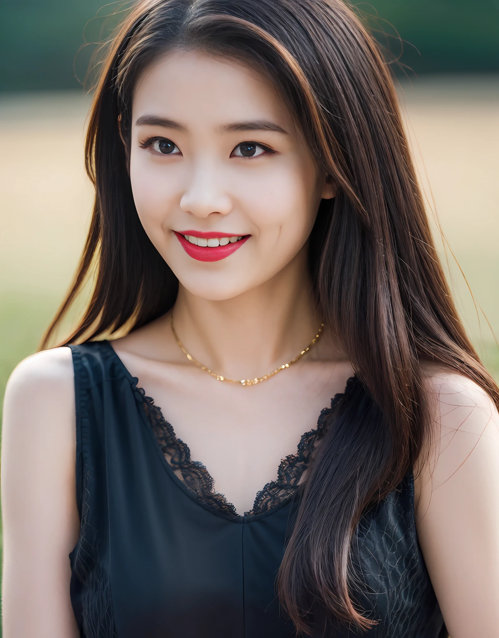 Asian woman with long black hair, Red lipstick, Black lace camisole vest, golden necklace., Light smile, Realism, Cinematic lighting, angle of view, f/1.8, 35mm, Nikon, Masterpiece, hyper HD, Anatomically correct, Textured skin, Super detail, Award-Awarded, Best quality, 8K